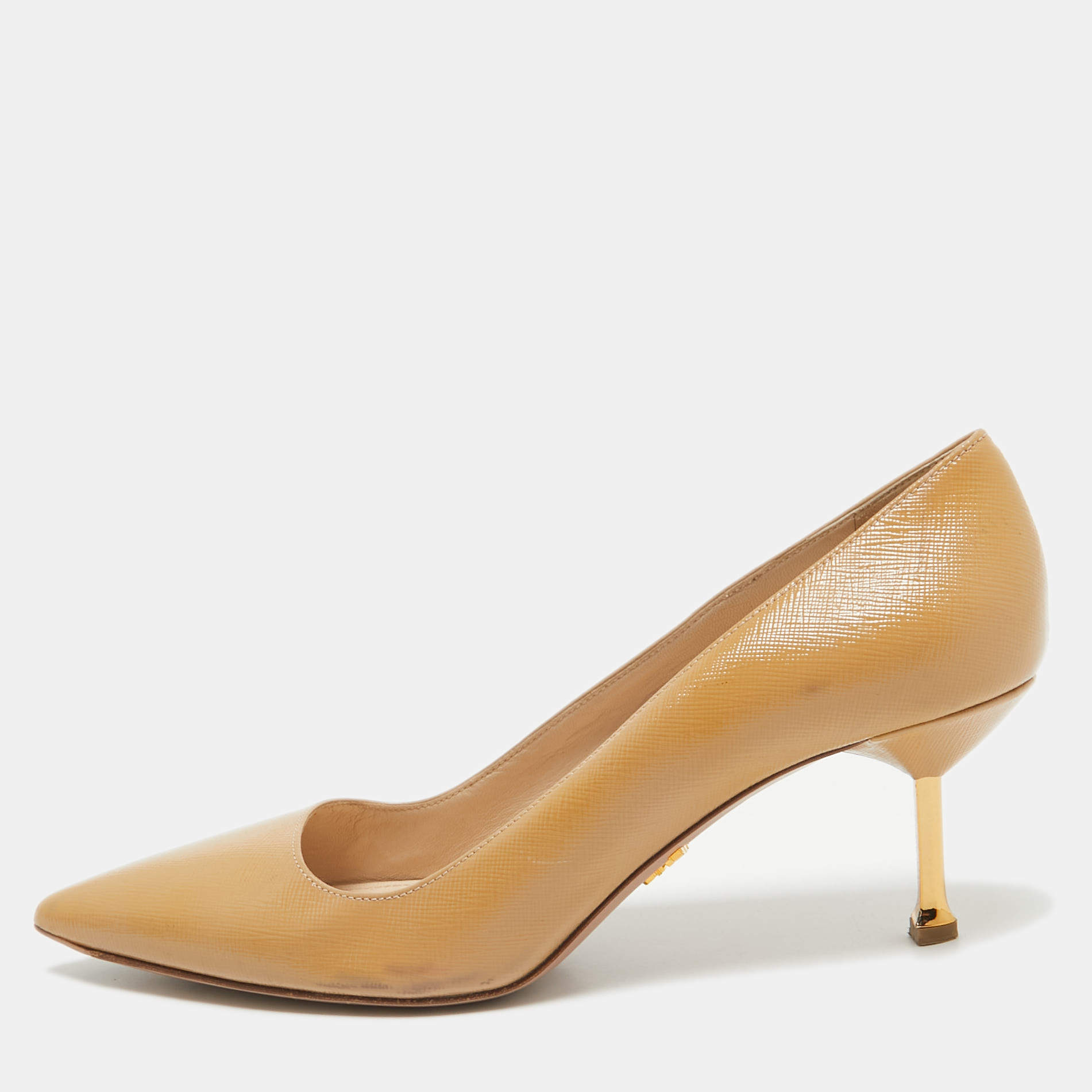 Prada Beige Saffiano Patent Leather Pointed Toe Pumps Size 39.5