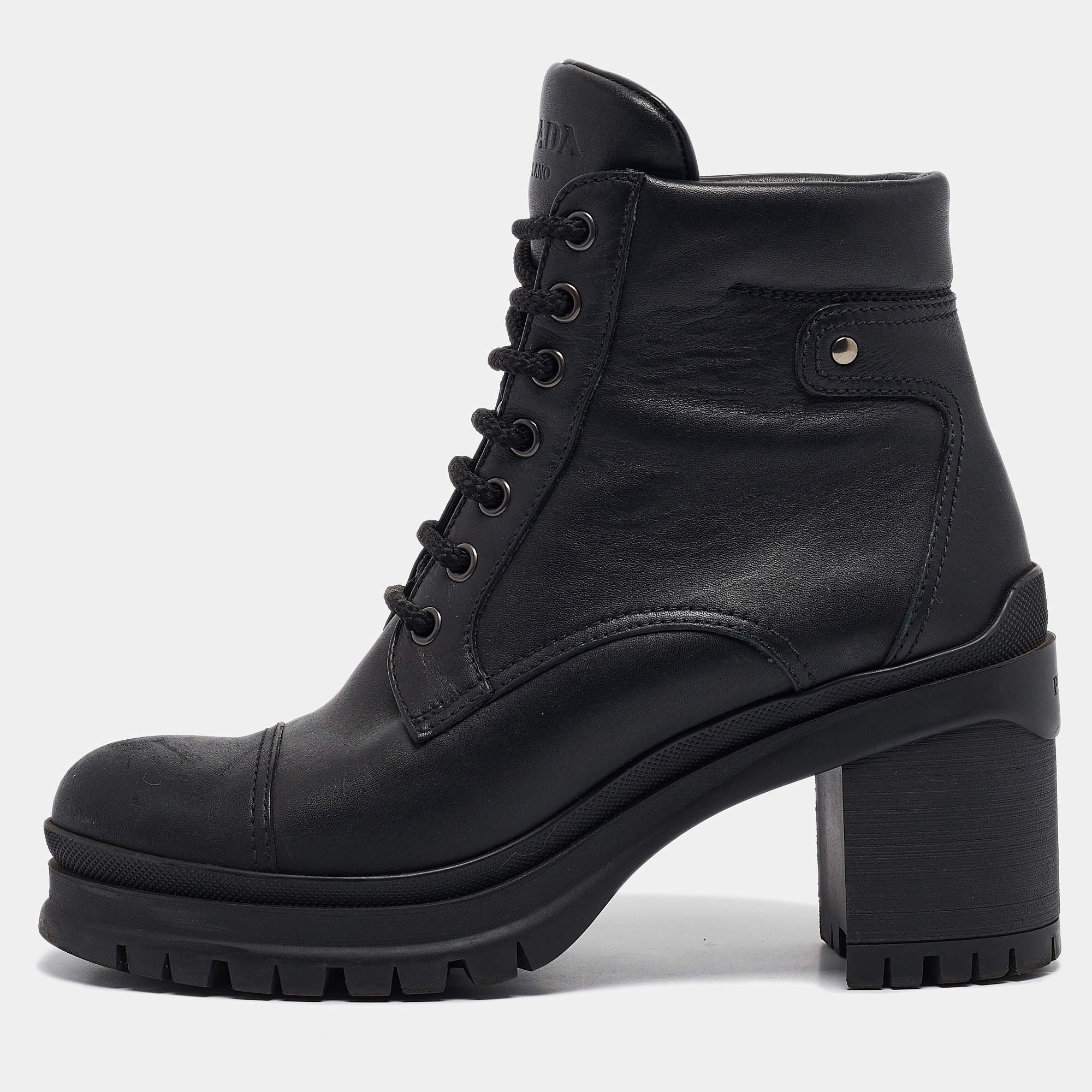 Prada Black Leather Lace Up Combat Boots Size 37