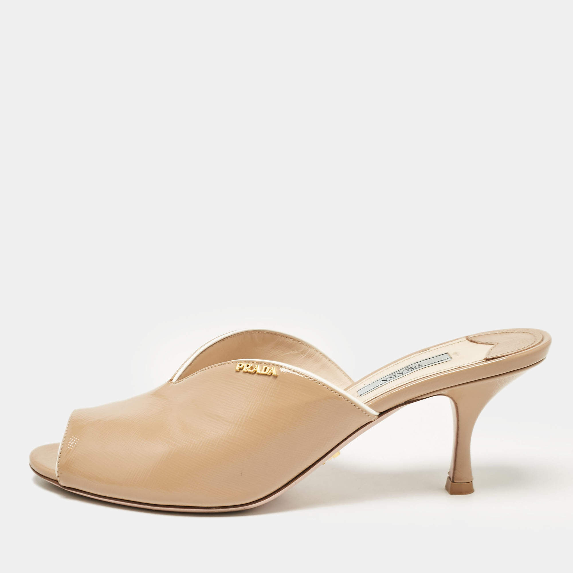 Prada Beige Patent Leather Slide Sandals Size 39.5