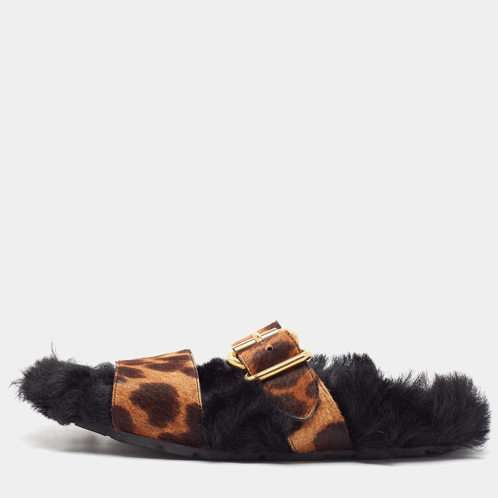 Prada Brown Calf Hair and Fur Buckle Flat Slides Size  38