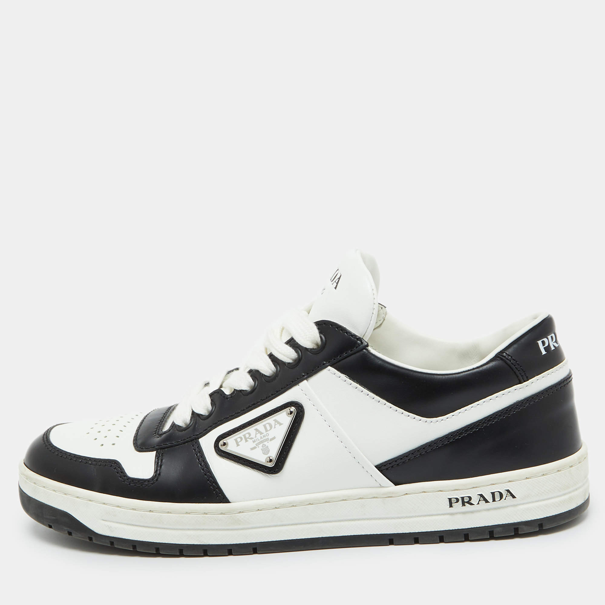 Pre Owned Prada Black/White Leather Downtown Low Top Sneakers Size 39.5
