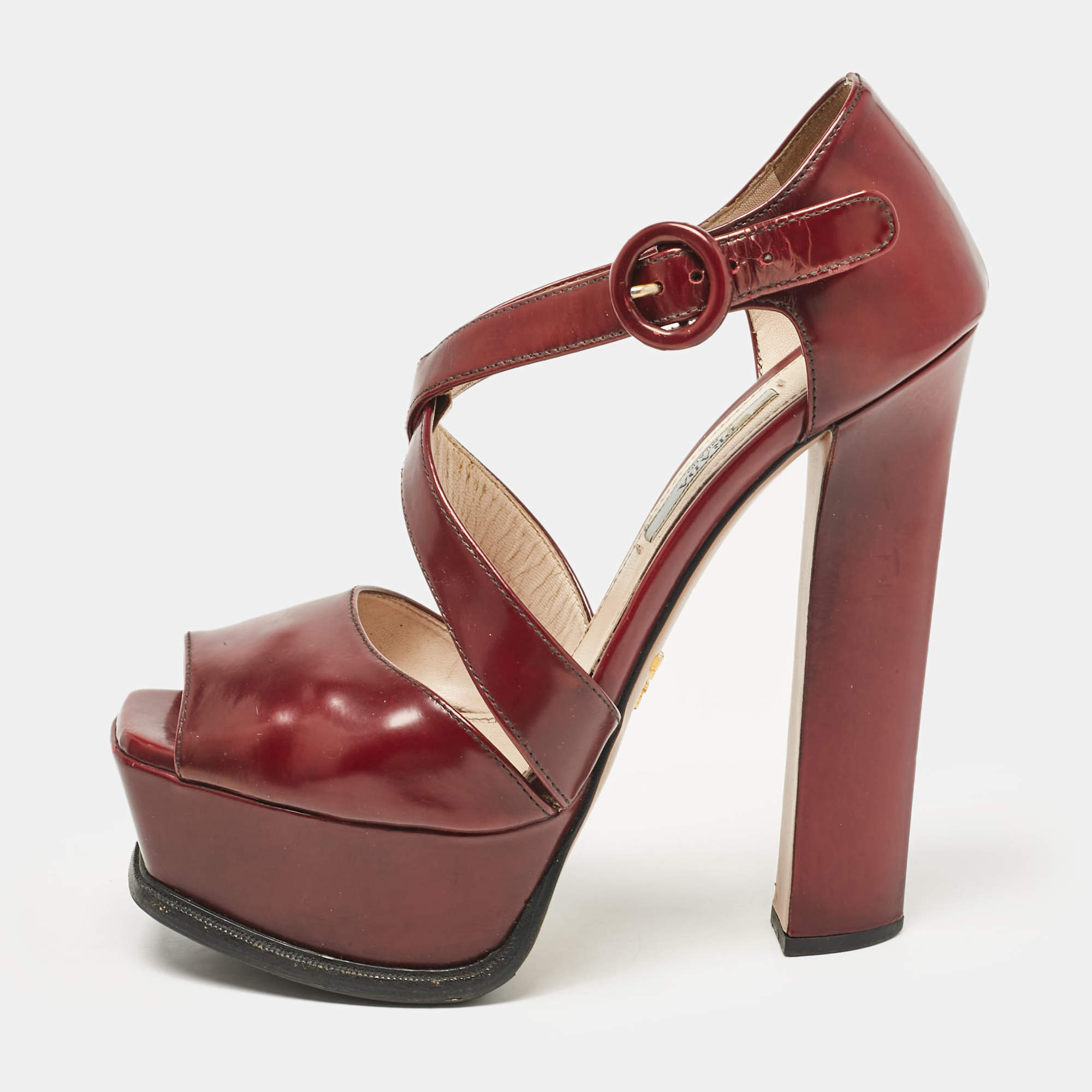 Pre Owned Prada Dark Burgundy Leather Platform Sandals Size 38.5