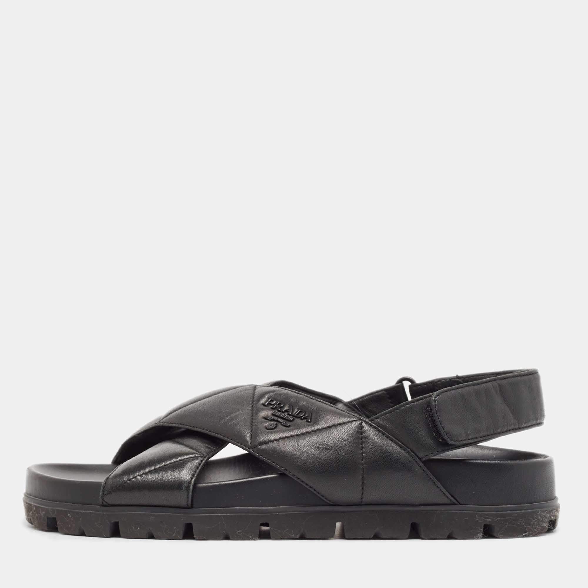 Pre Owned Prada Black Quilted Leather Slingback Flat Sandals Size 36.5