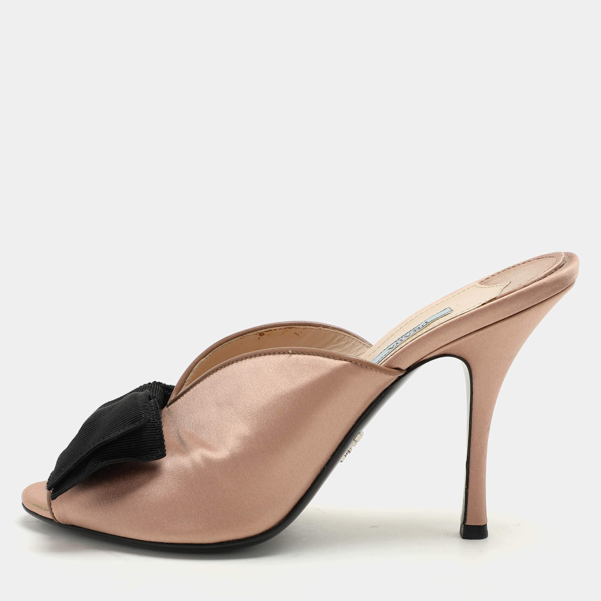 Prada Beige/Black Satin Bow Slide Sandals Size 39