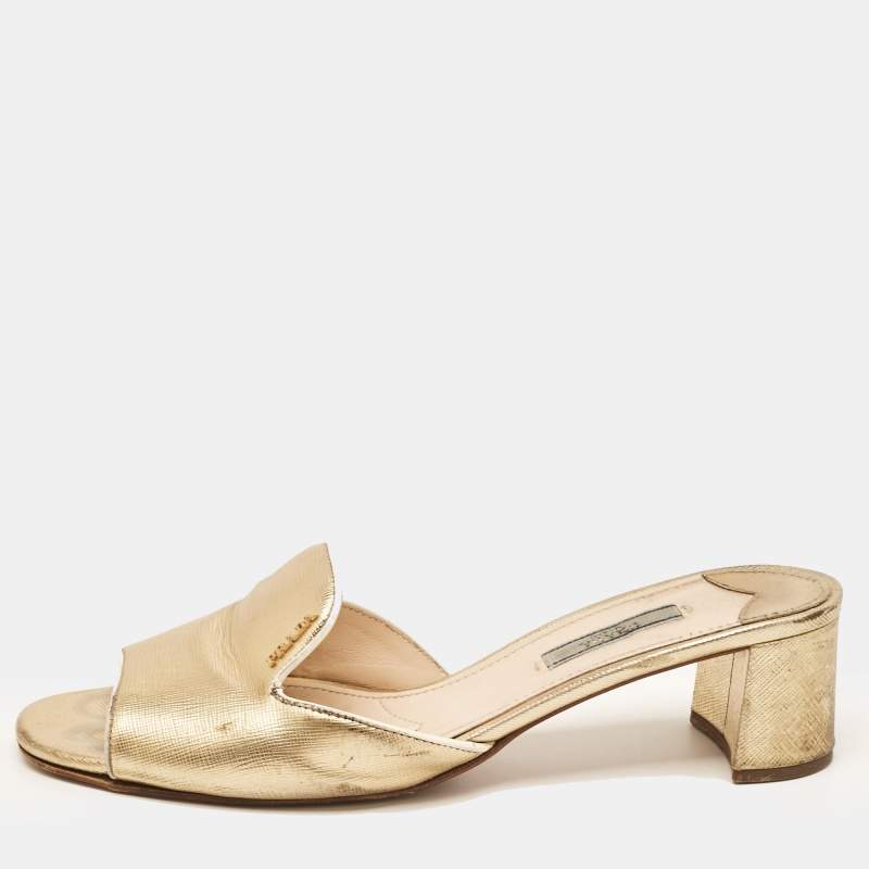 Prada Gold Saffiano Leather Slide Sandals Size 40.5