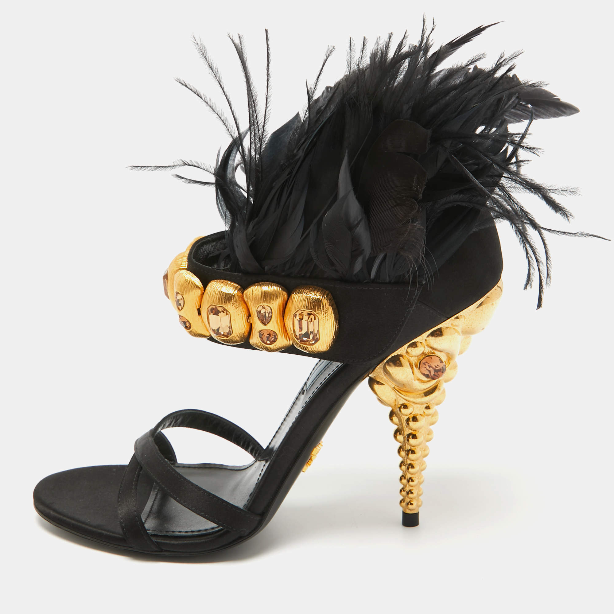 Prada Black Satin and Feather Ankle Strap Sandals Size 38.5