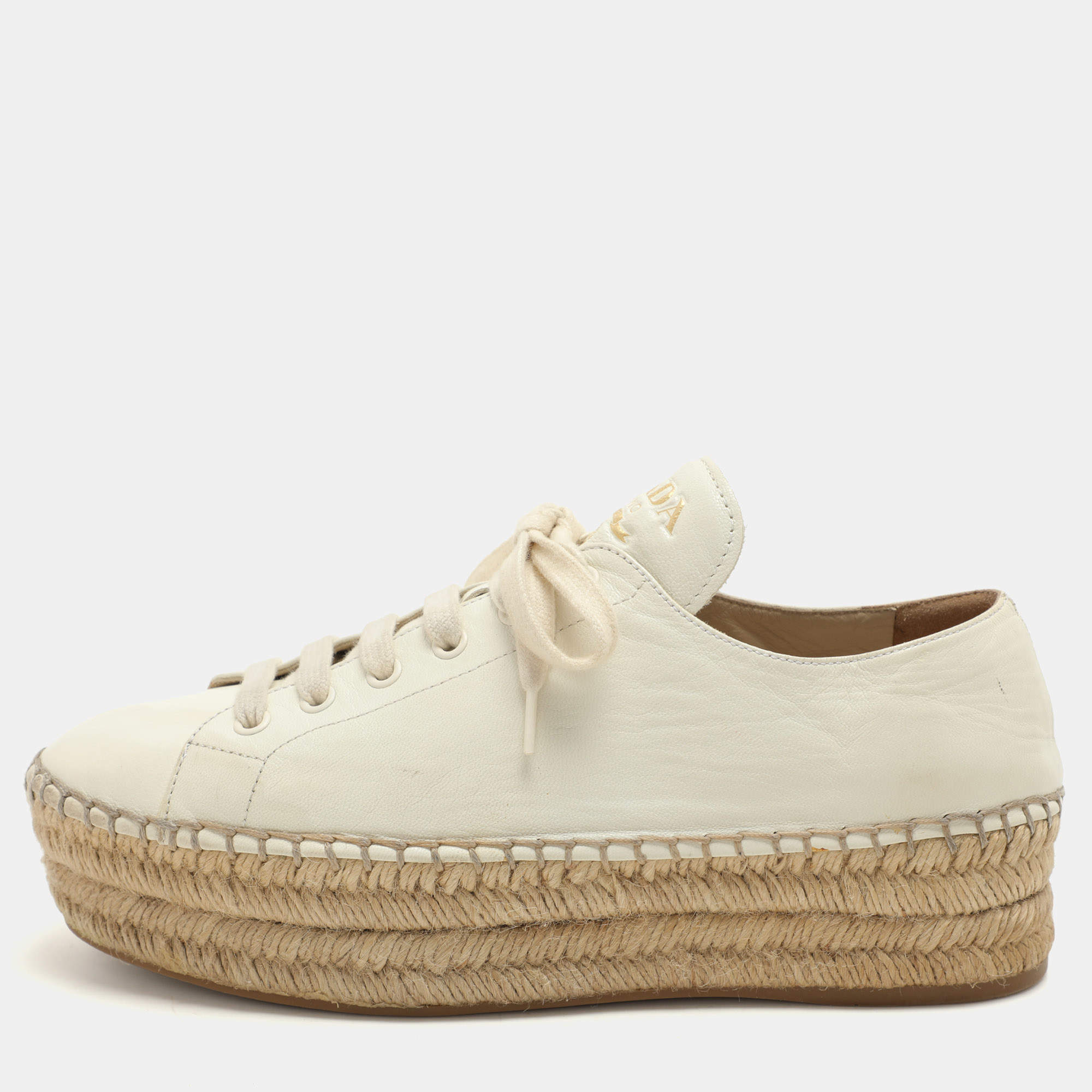 Prada White Leather Platform Espadrille Lace Up Sneakers Size 39