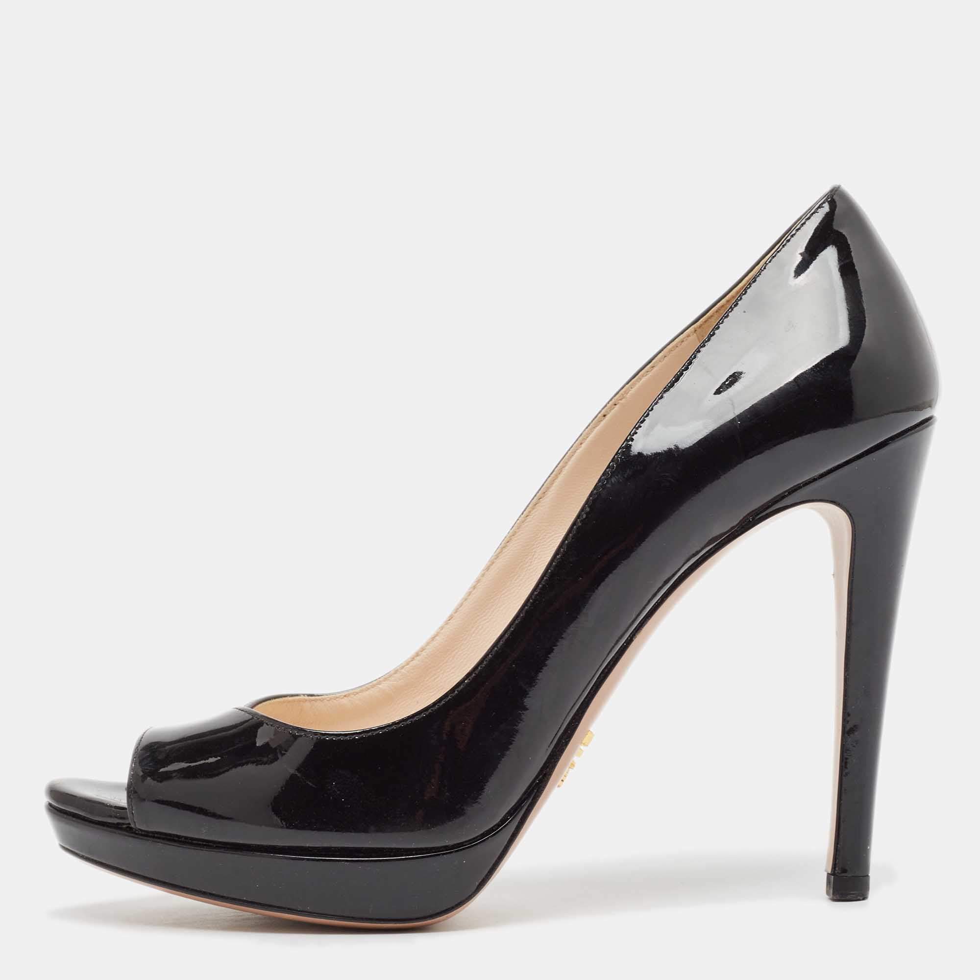 Prada Black Patent Leather Peep Toe Pumps Size 38.5