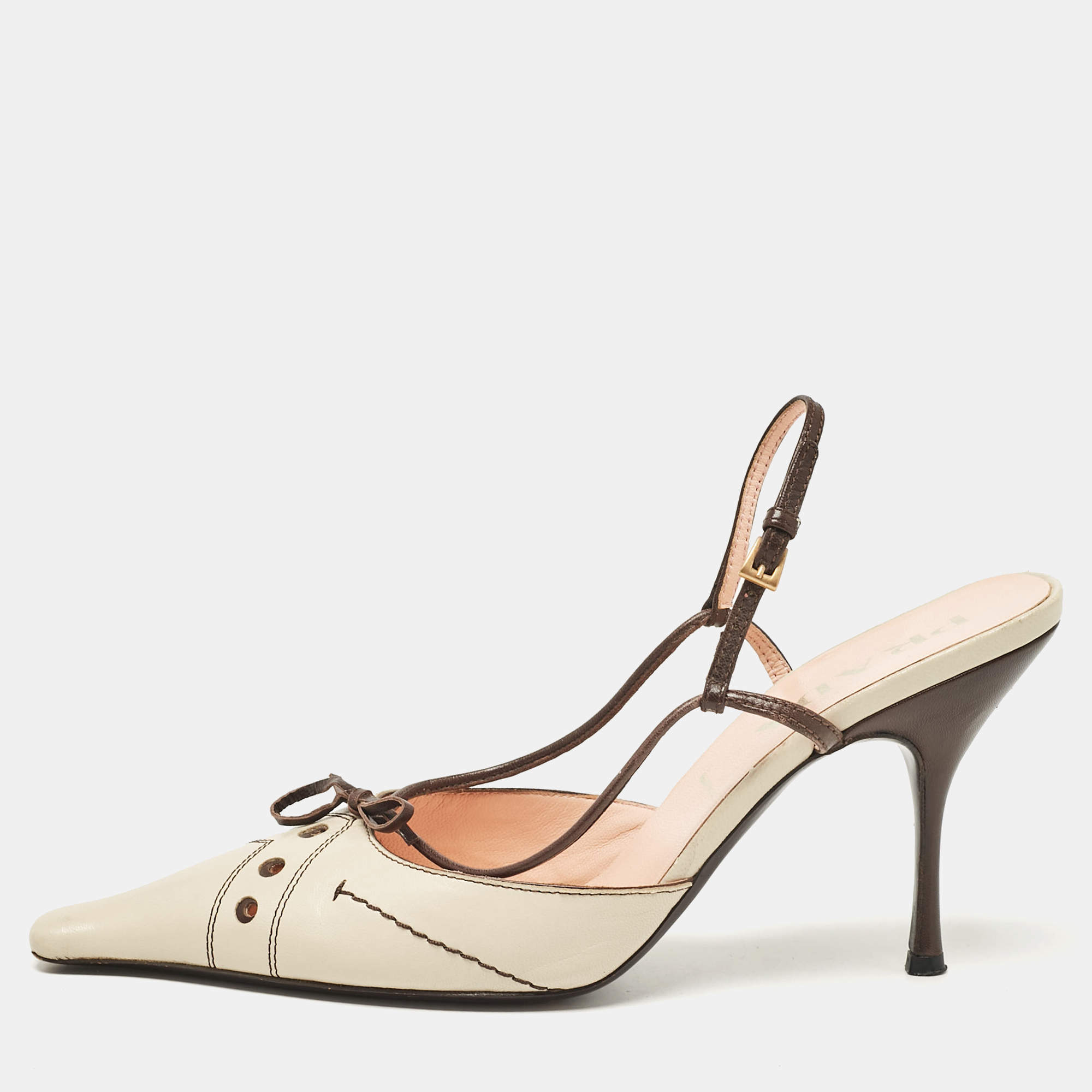 Prada Brown/Beige Leather Slingback Pumps Size 38.5