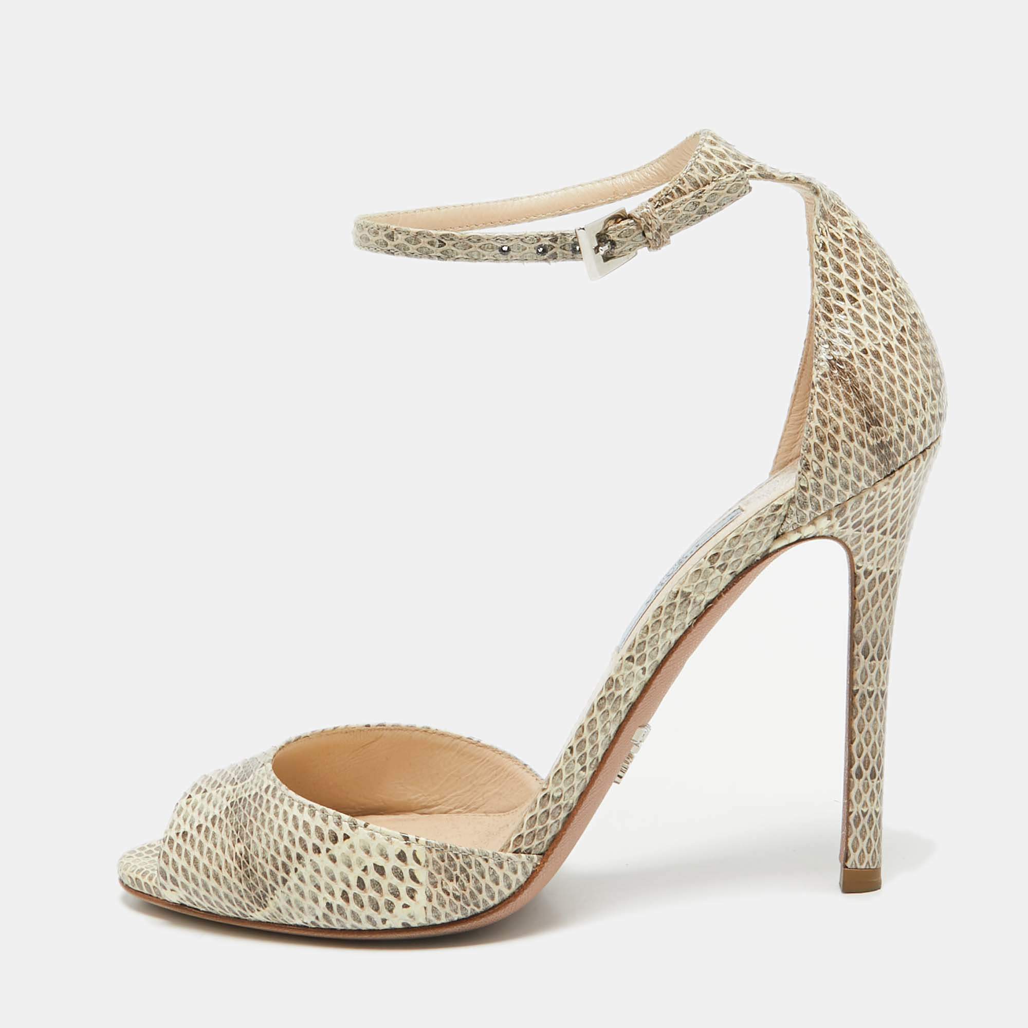 Pre Owned Prada Beige/Brown Karung Leather Ankle Strap Sandals Size 36.5