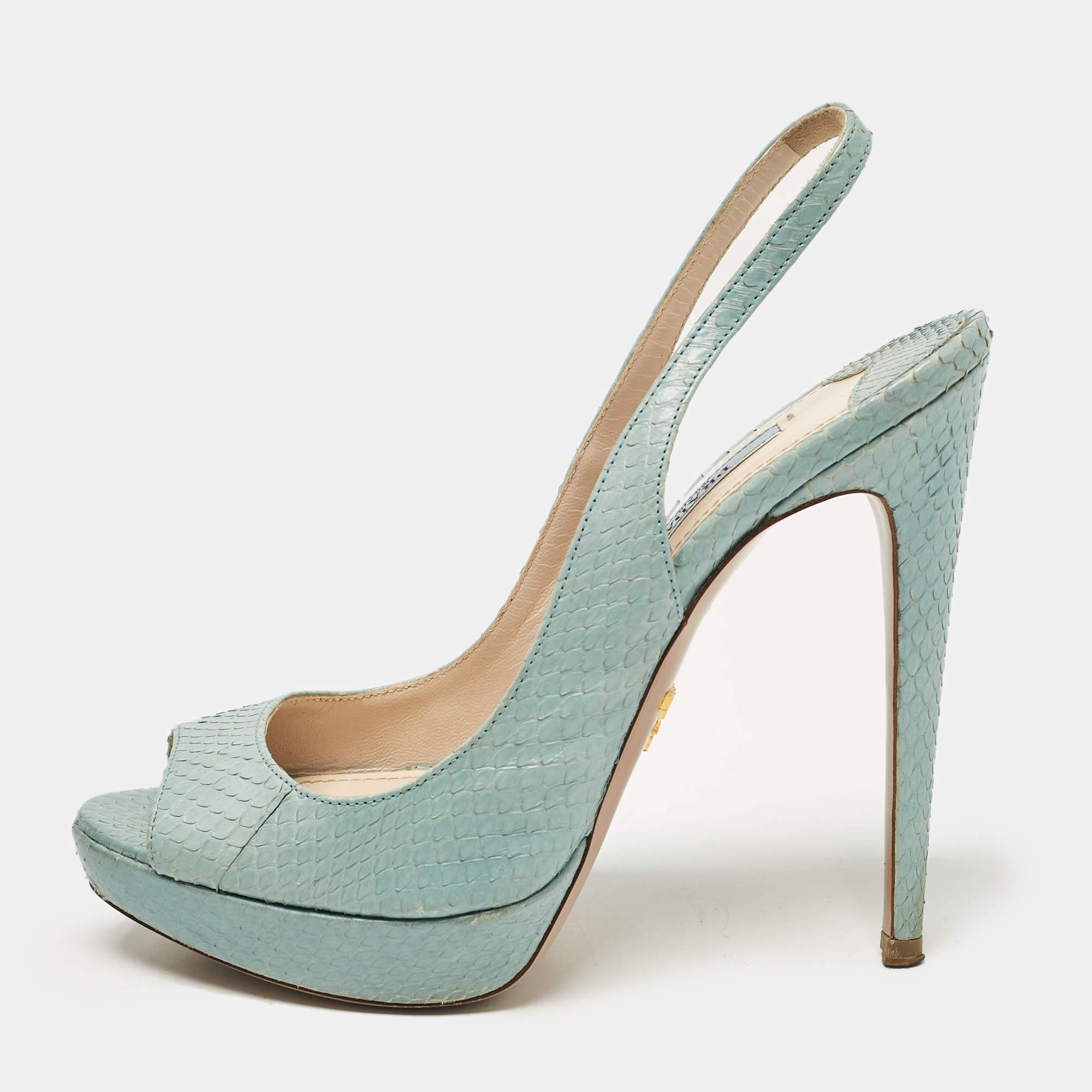 Prada Light Blue Embossed Python Platform Slingback Sandals Size 37