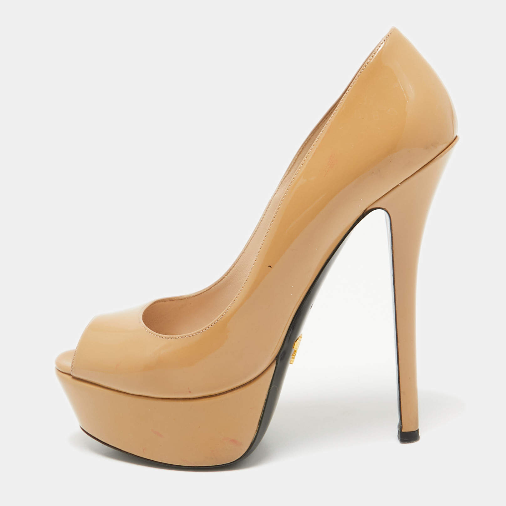 Prada Beige Patent Leather Peep Toe Platform Pumps Size 39
