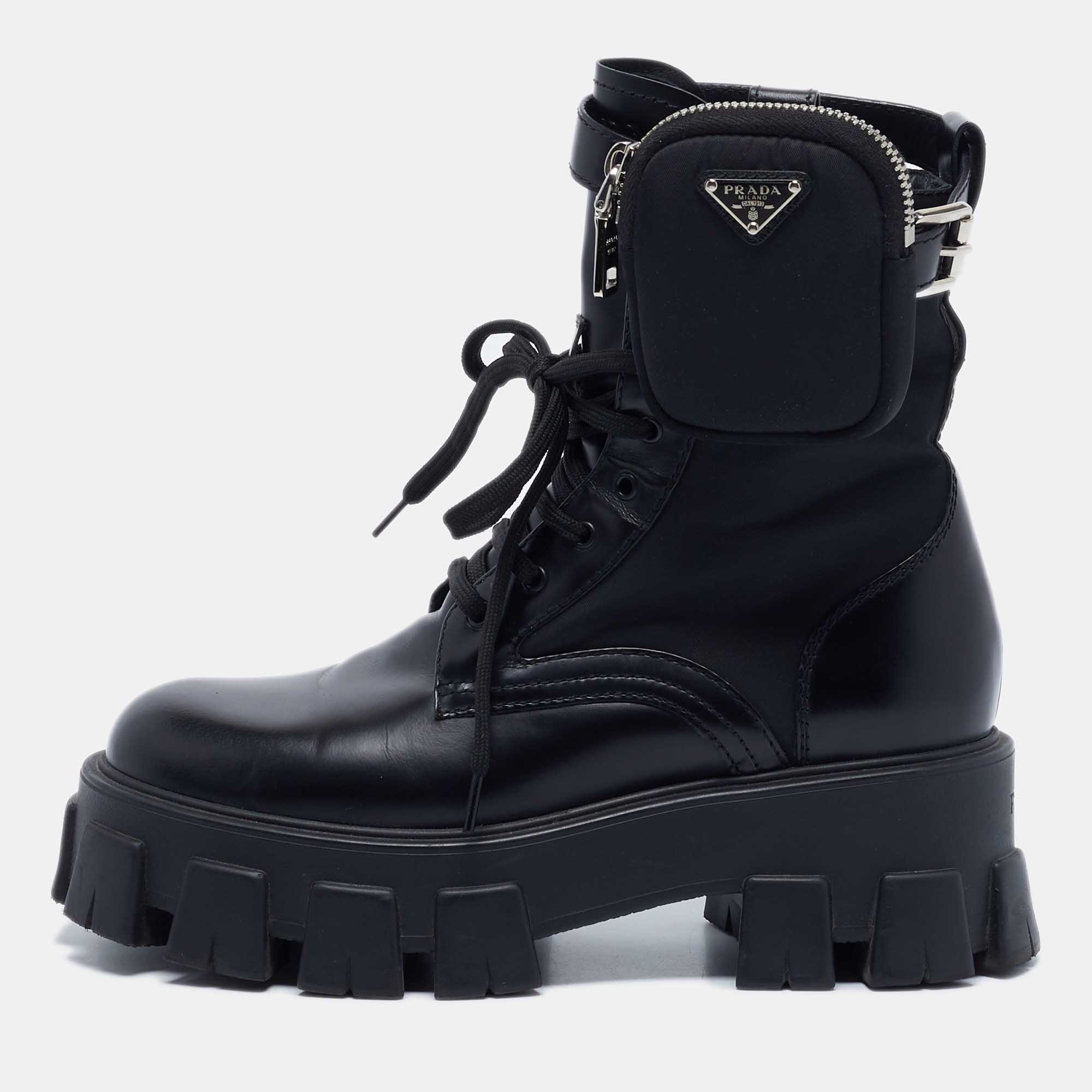 Prada Black Leather and Nylon Monolith Combat Boots Size 36.5