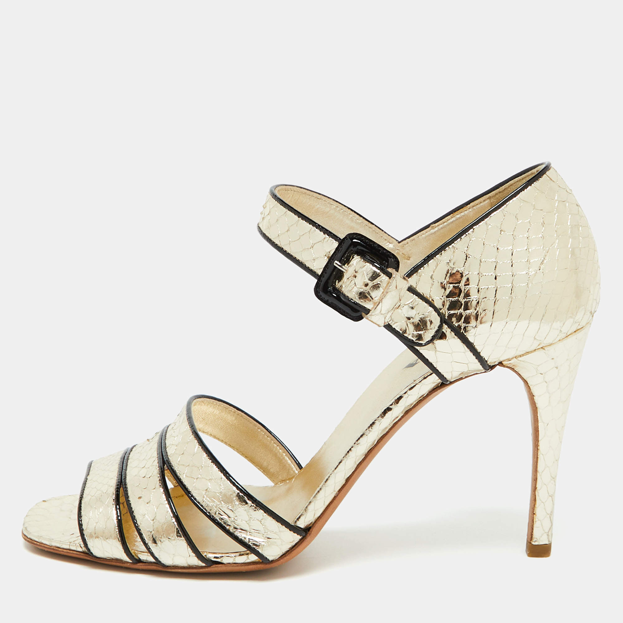 Prada Metallic Gold Snakeskin Ankle Strap Sandals Size 39