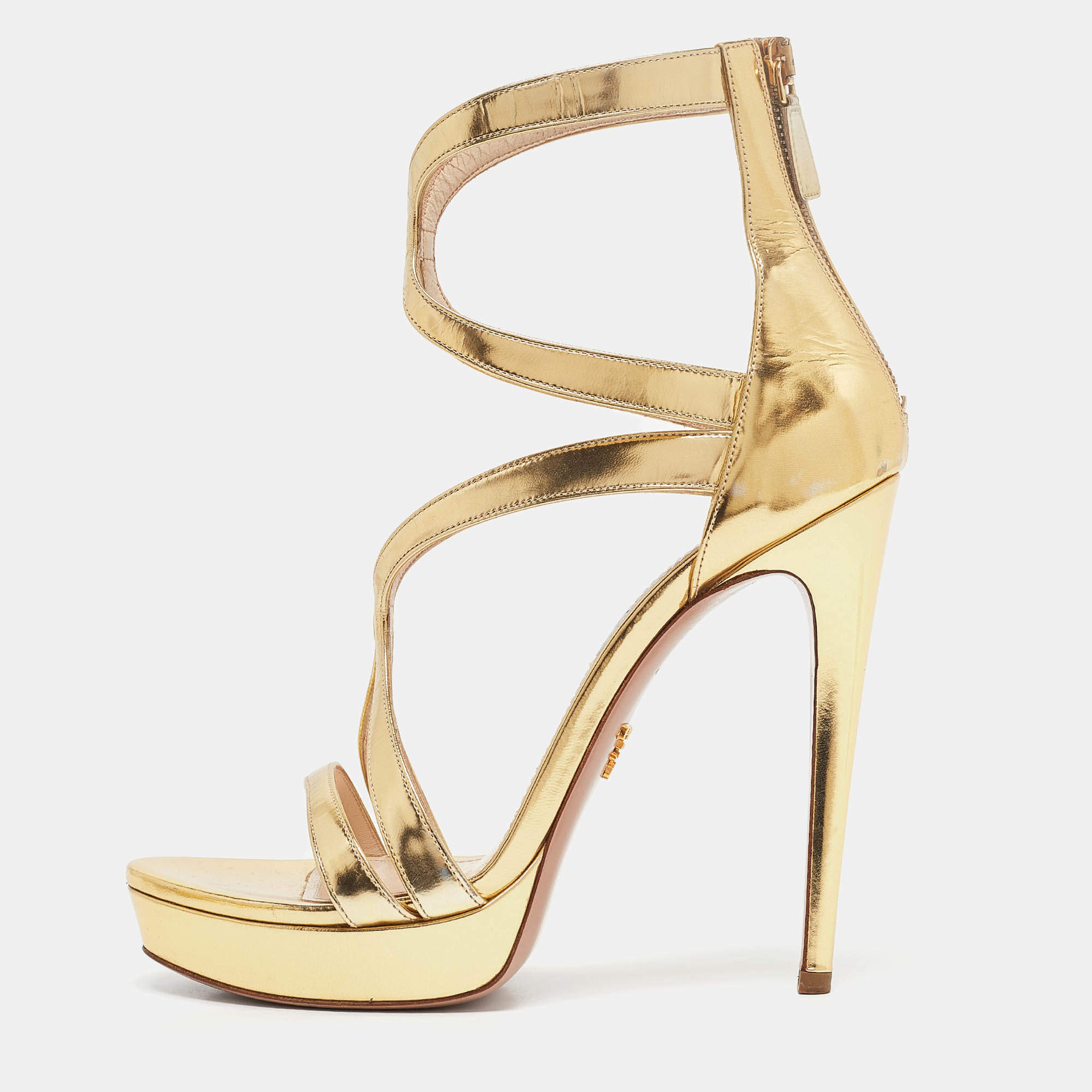 Prada Gold Leather Platform Ankle Strap Sandals Size 39