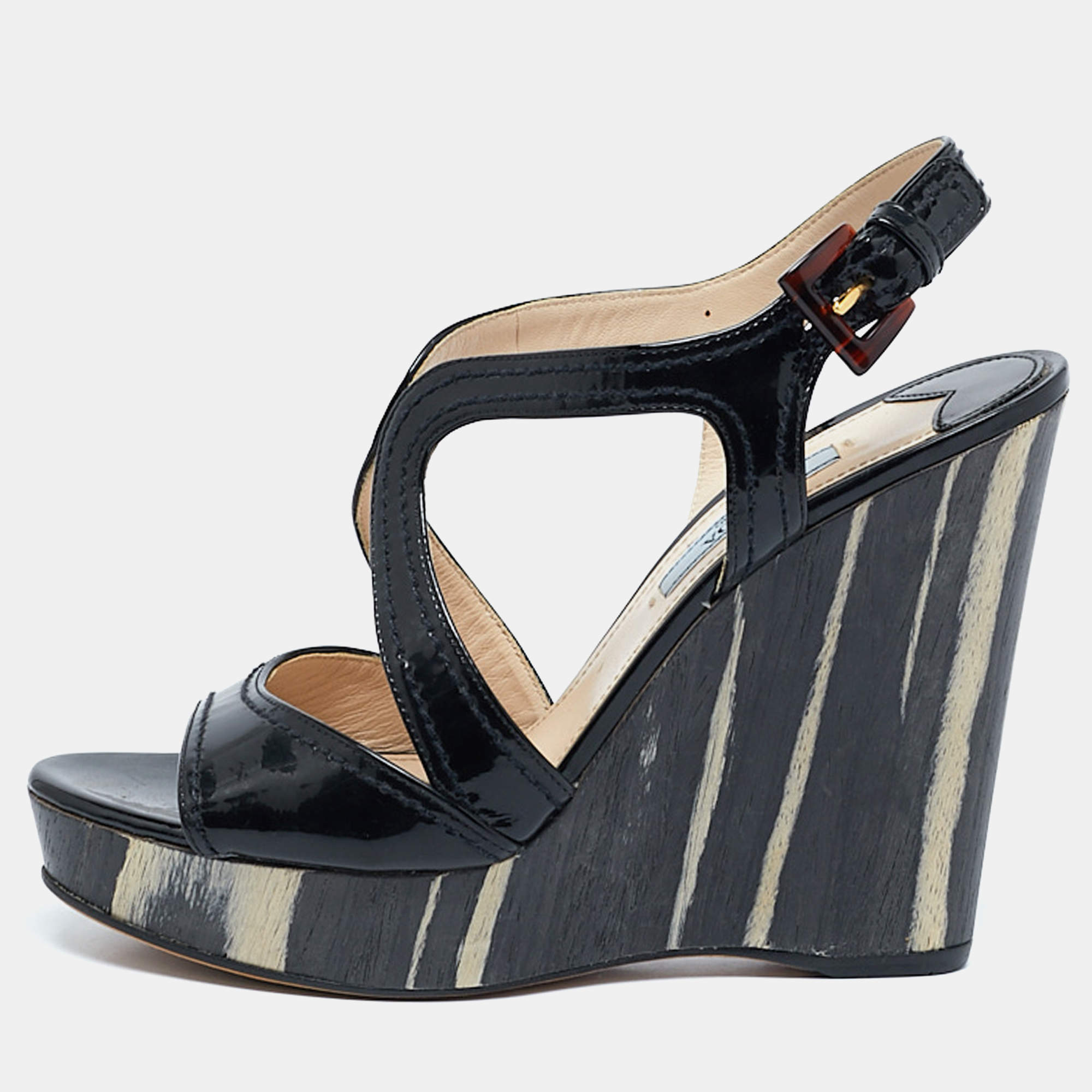 Prada Black Patent Leather Wooden Wedge Ankle Strap Sandals Size 37