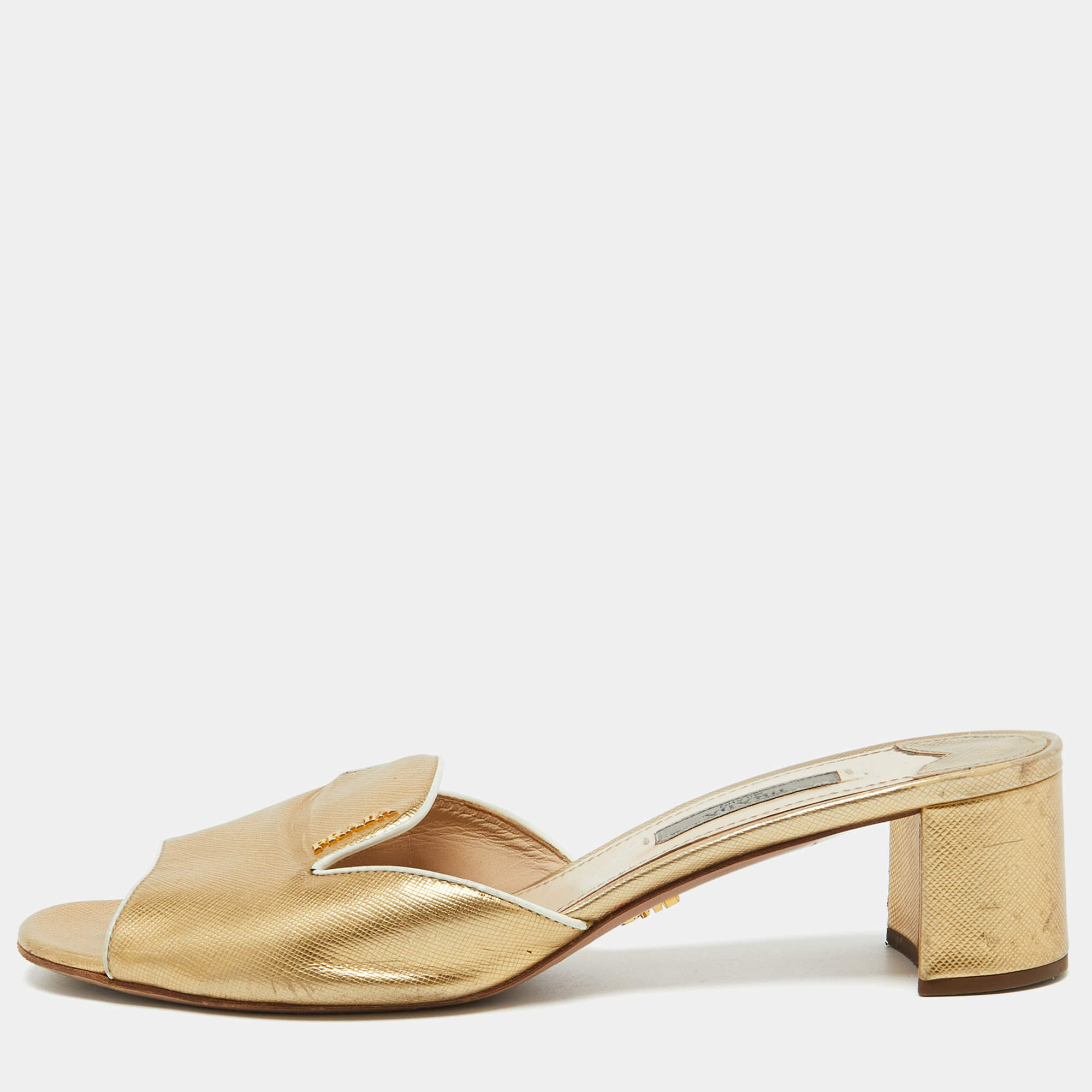 Prada Gold Saffiano Leather Block Heel Slide Sandals Size 39