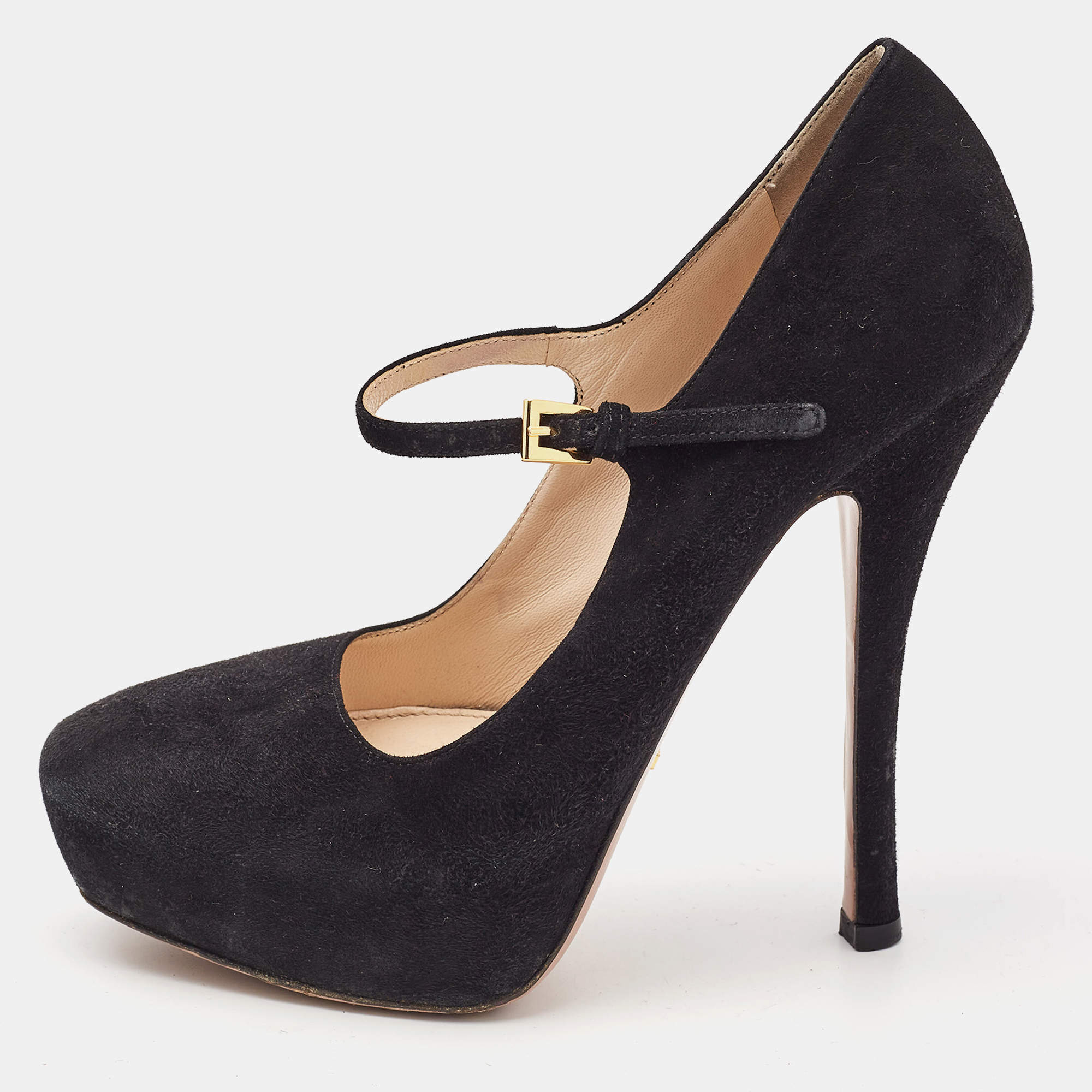 Prada Black Suede Mary Jane Pumps Size 37