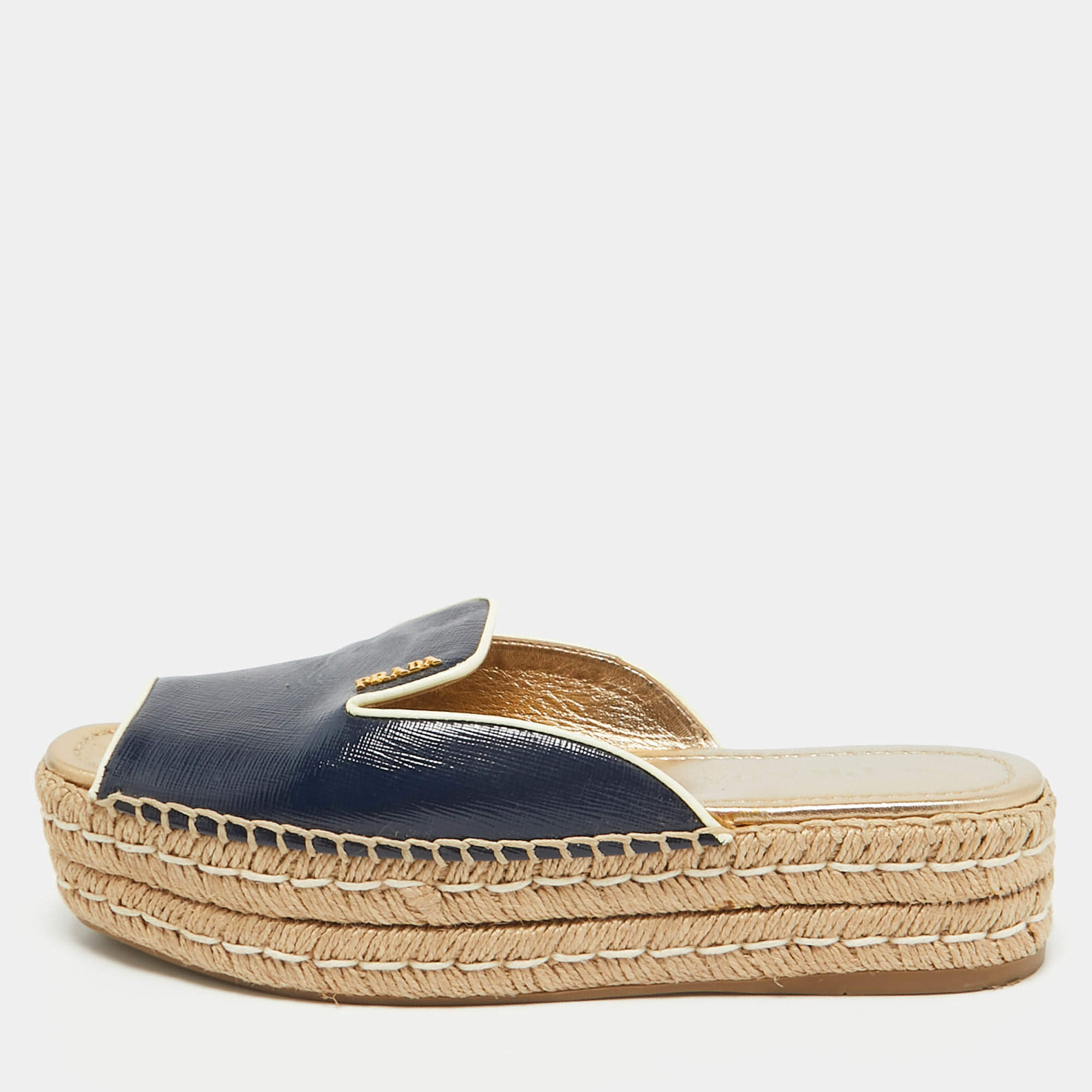 Prada Navy Blue Saffiano Leather Espadrille Platform Slides Size 38.5