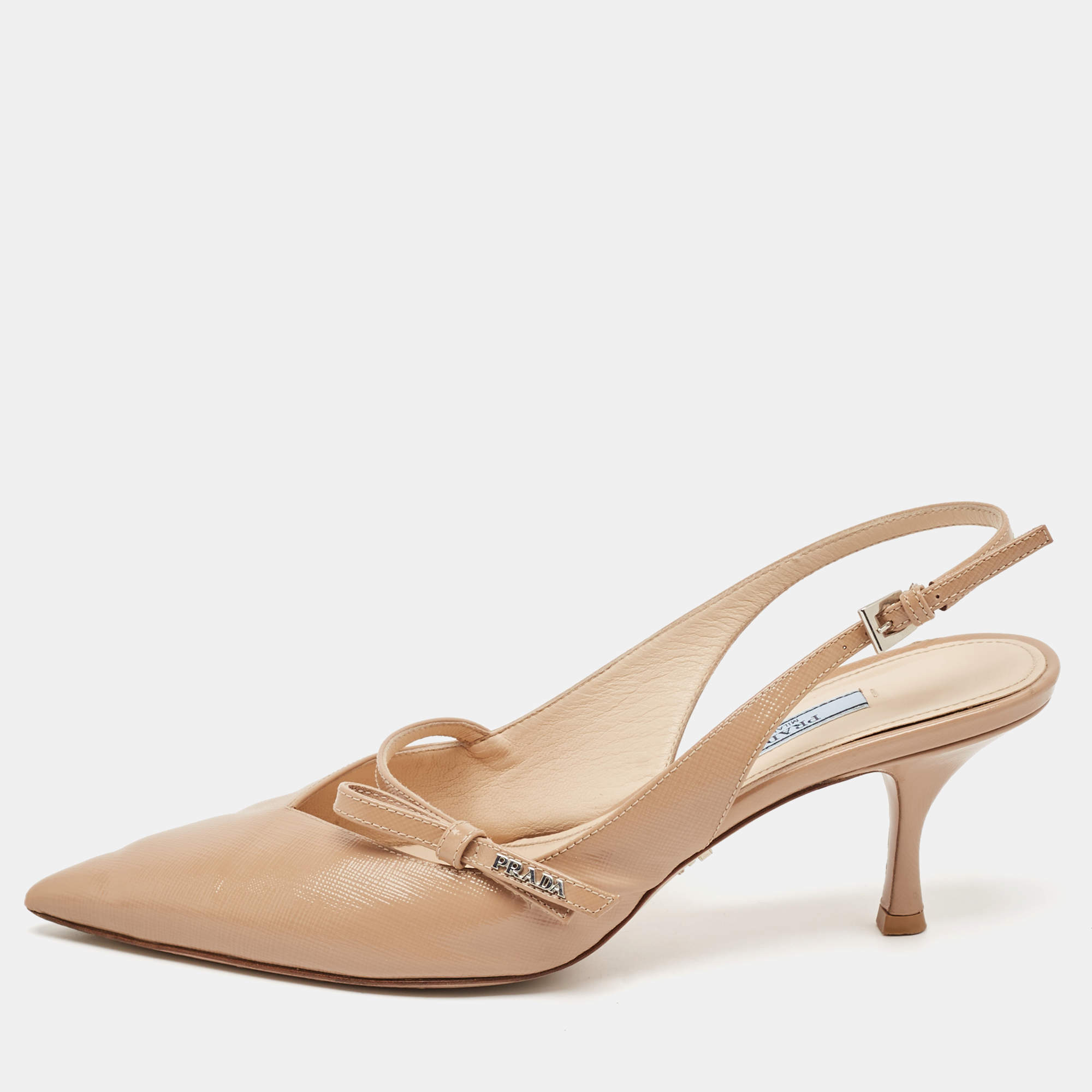 Pre Owned Prada Beige Patent Leather Bow Slingback Pumps Size 40