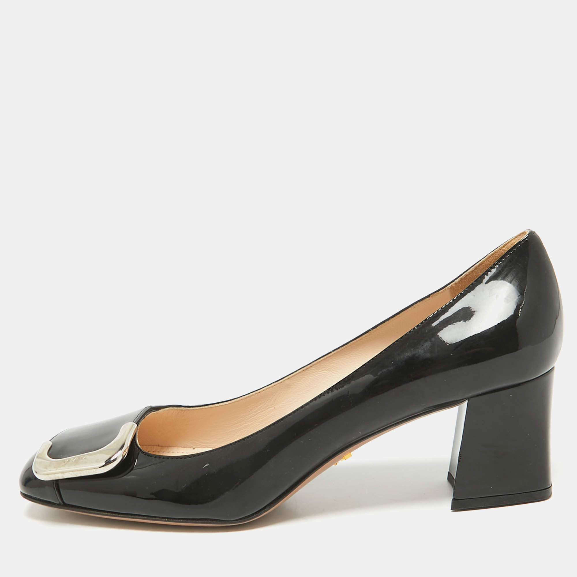 Prada Black Patent Leather Block Heel Pumps Size 38.5