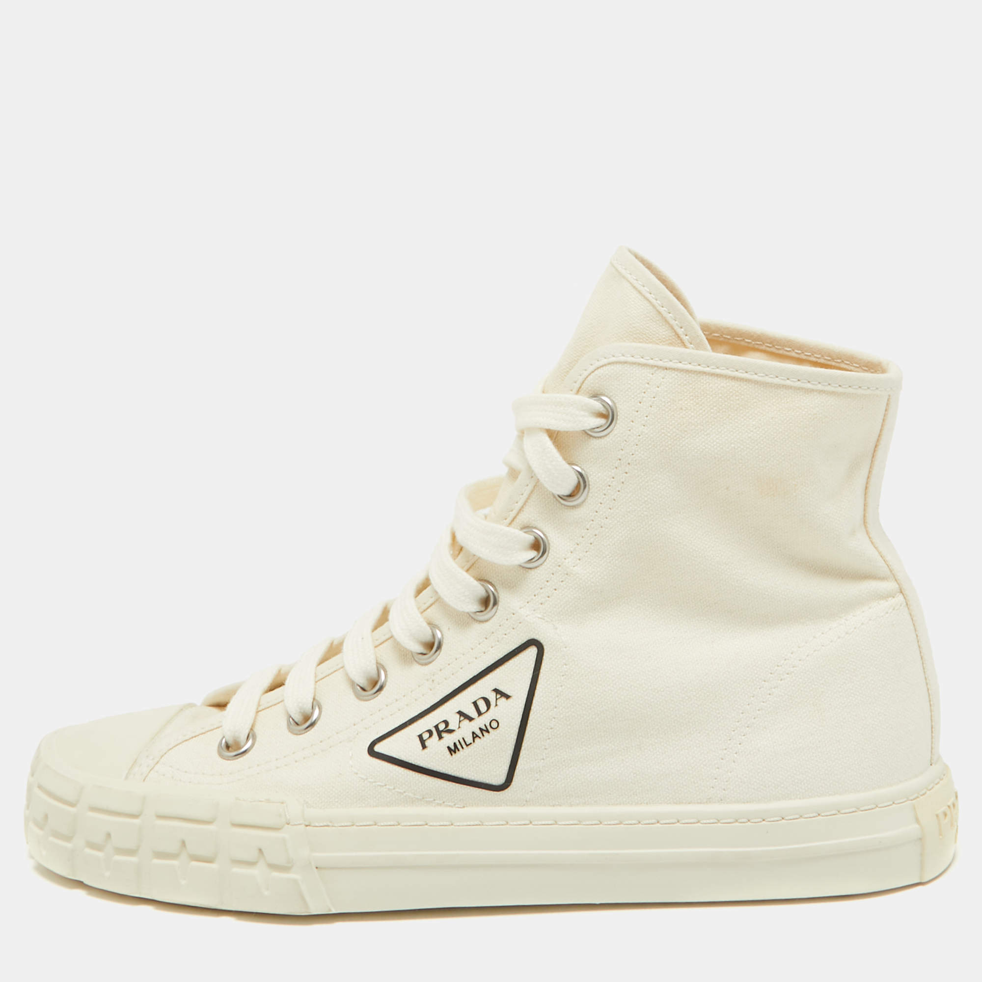 Prada Off White Canvas Gabardine High Top Sneakers Size 40