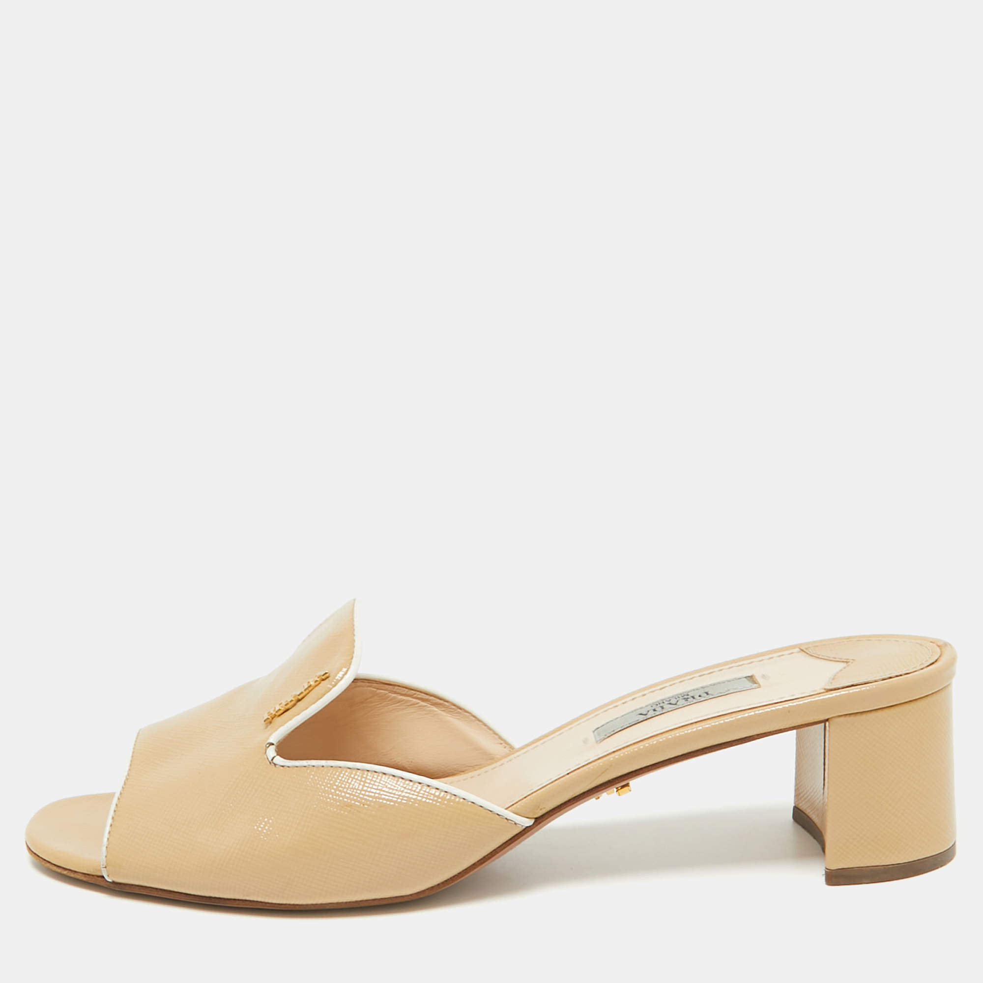 Prada Beige Patent Saffiano Leather Block Heel Slide Sandals Size 39