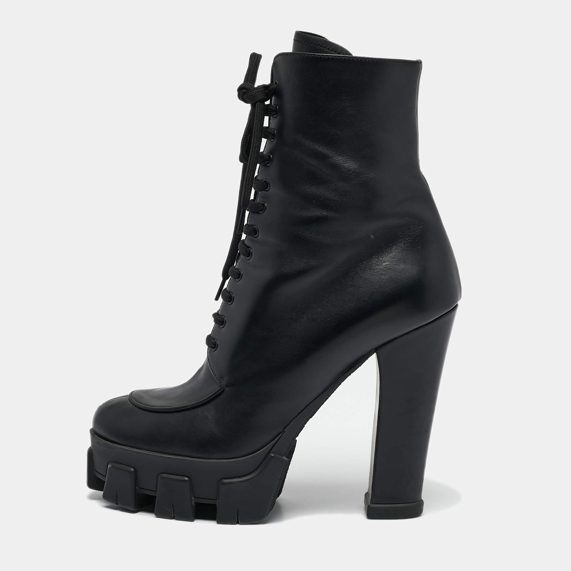 Prada Black Leather Monolith Ankle Boots Size 41