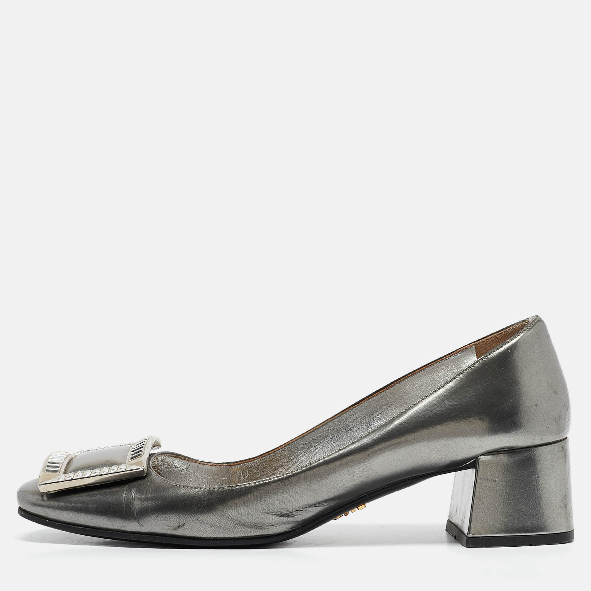 Prada Silver Leather Crystal Buckle Block Heel Pumps  Size 36.5