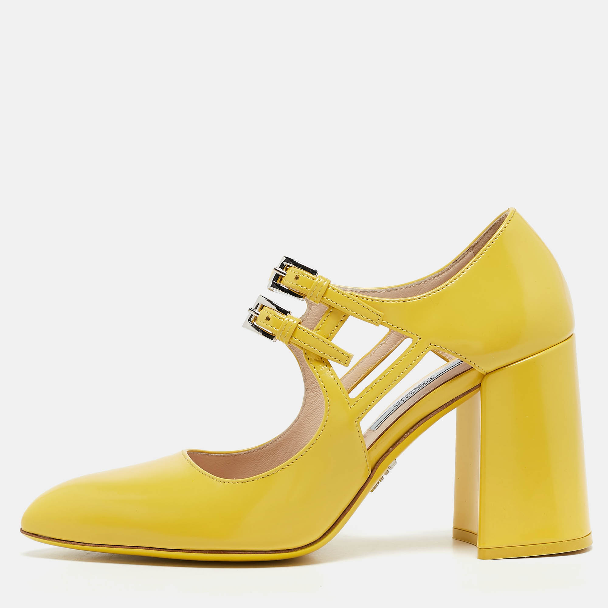 مملوكة مسبقًا Prada Yellow Leather Mary Jane Block Heel Pumps Size 34