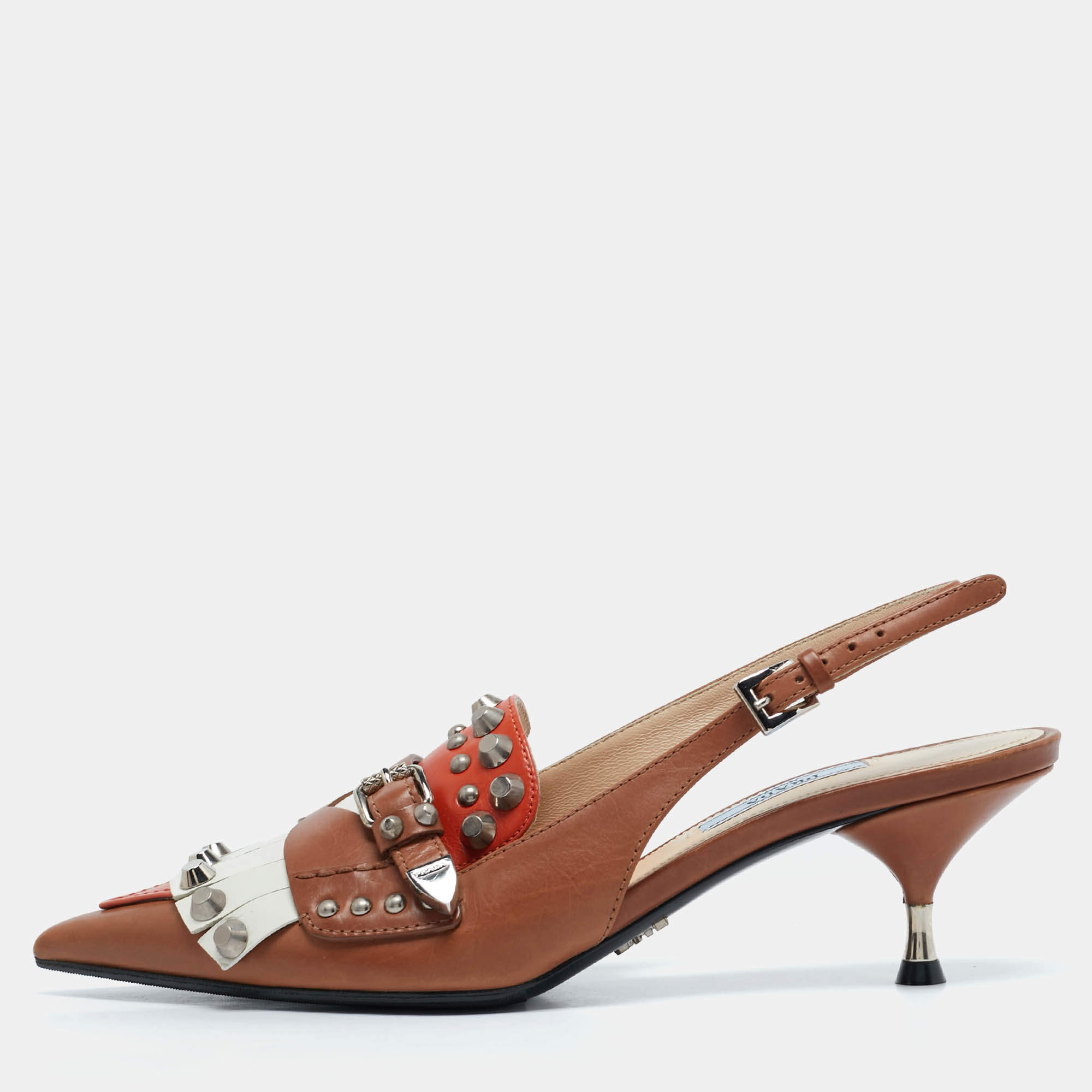 Prada Multicolor Leather Fringed Studded Slingback Pumps Size 37