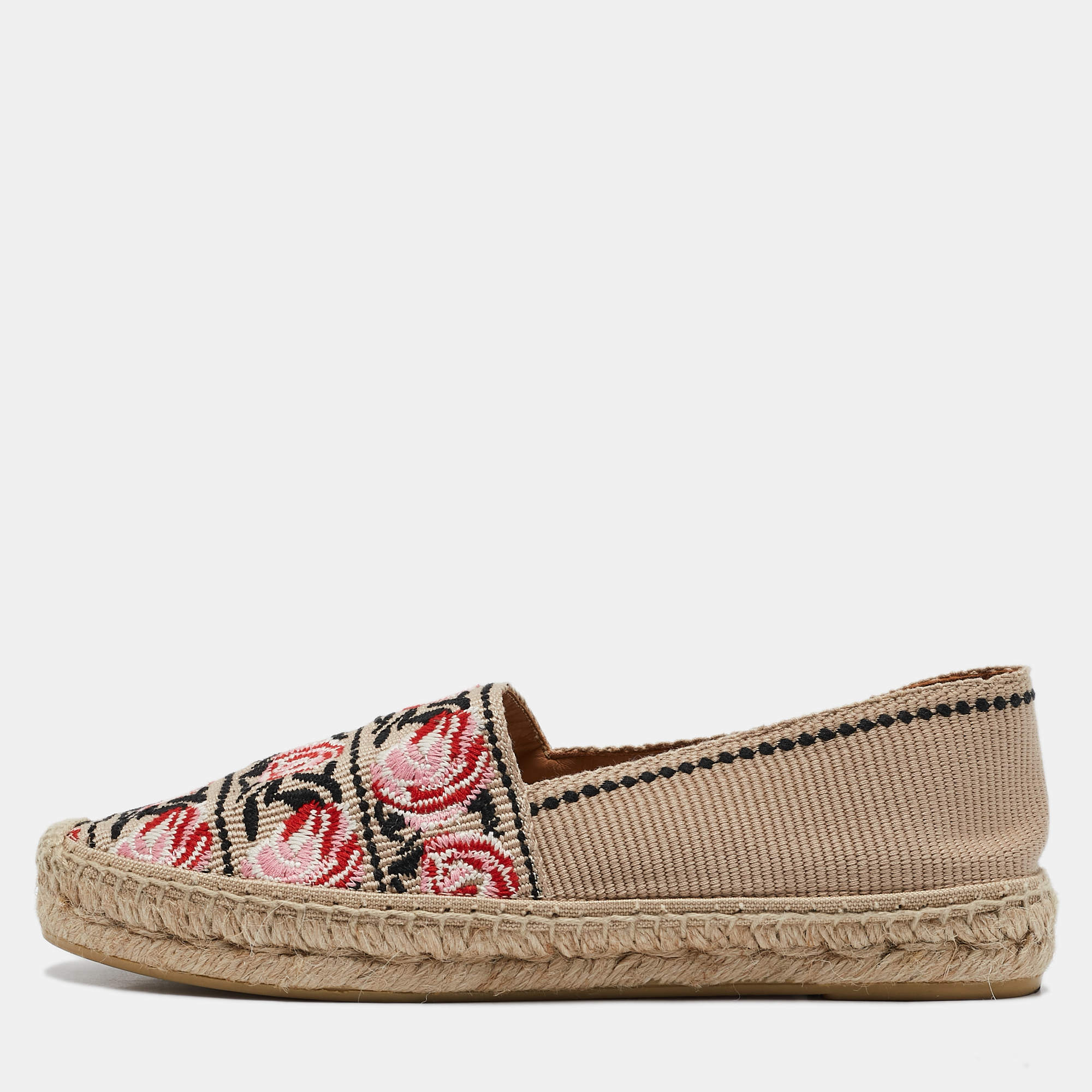 Pre Owned Prada Beige Flower Embroidered Canvas Flat Espadrilles Size 38