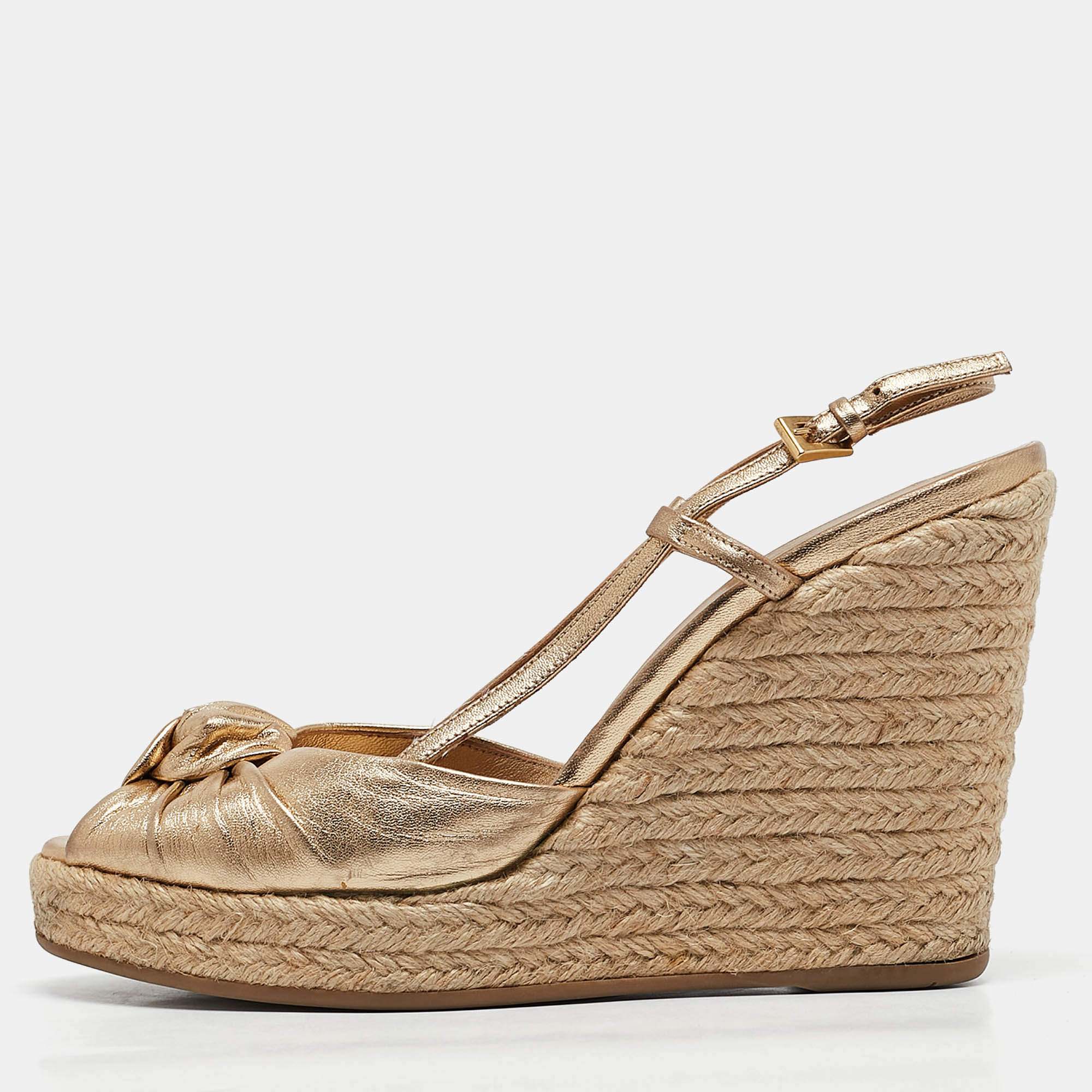 Prada Gold Leather Espadrille Platform Wedge Ankle Strap Sandals Size 39