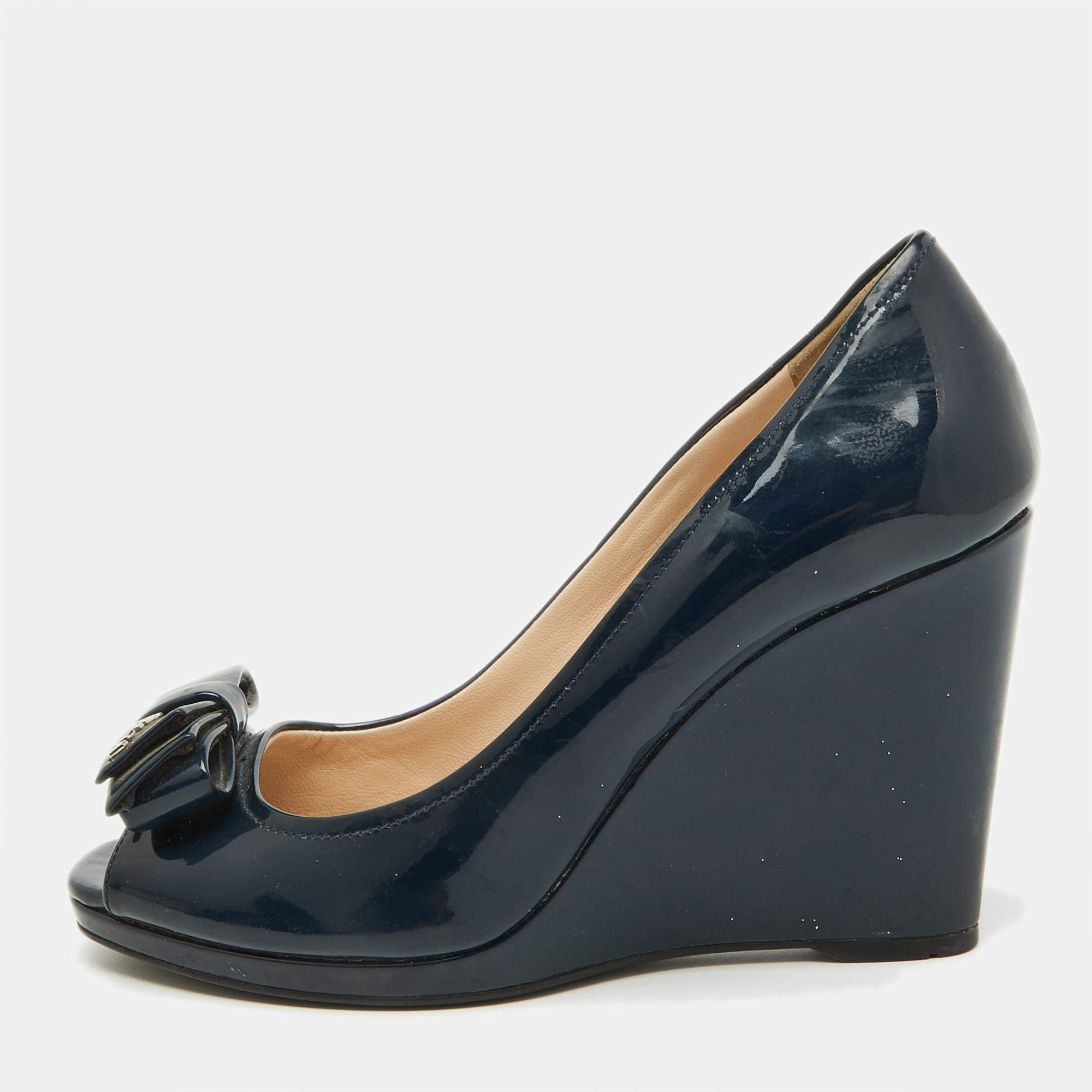 Prada Navy Blue Patent leather Peep Toe Bow Wedge Pumps Size 37.5