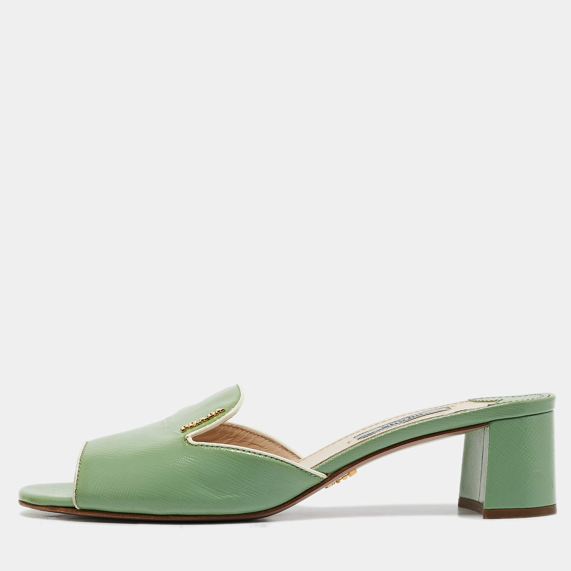 Prada Green Patent Saffiano Leather Block Heel Slide Sandals Size 38