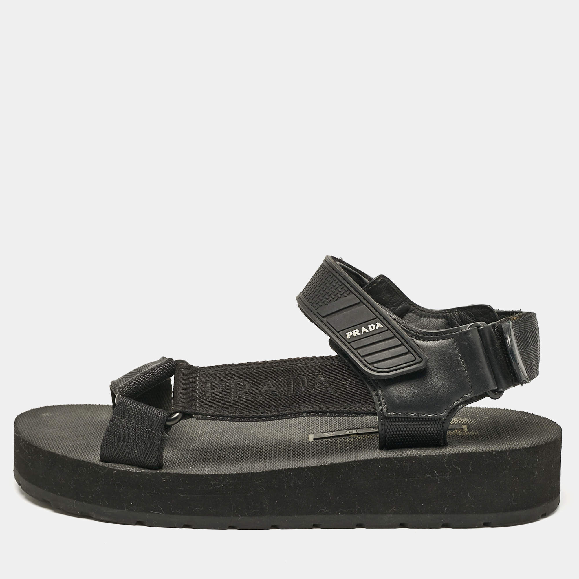 Prada Black Leather and Canvas Tape Strap Flat Sandals Size 38