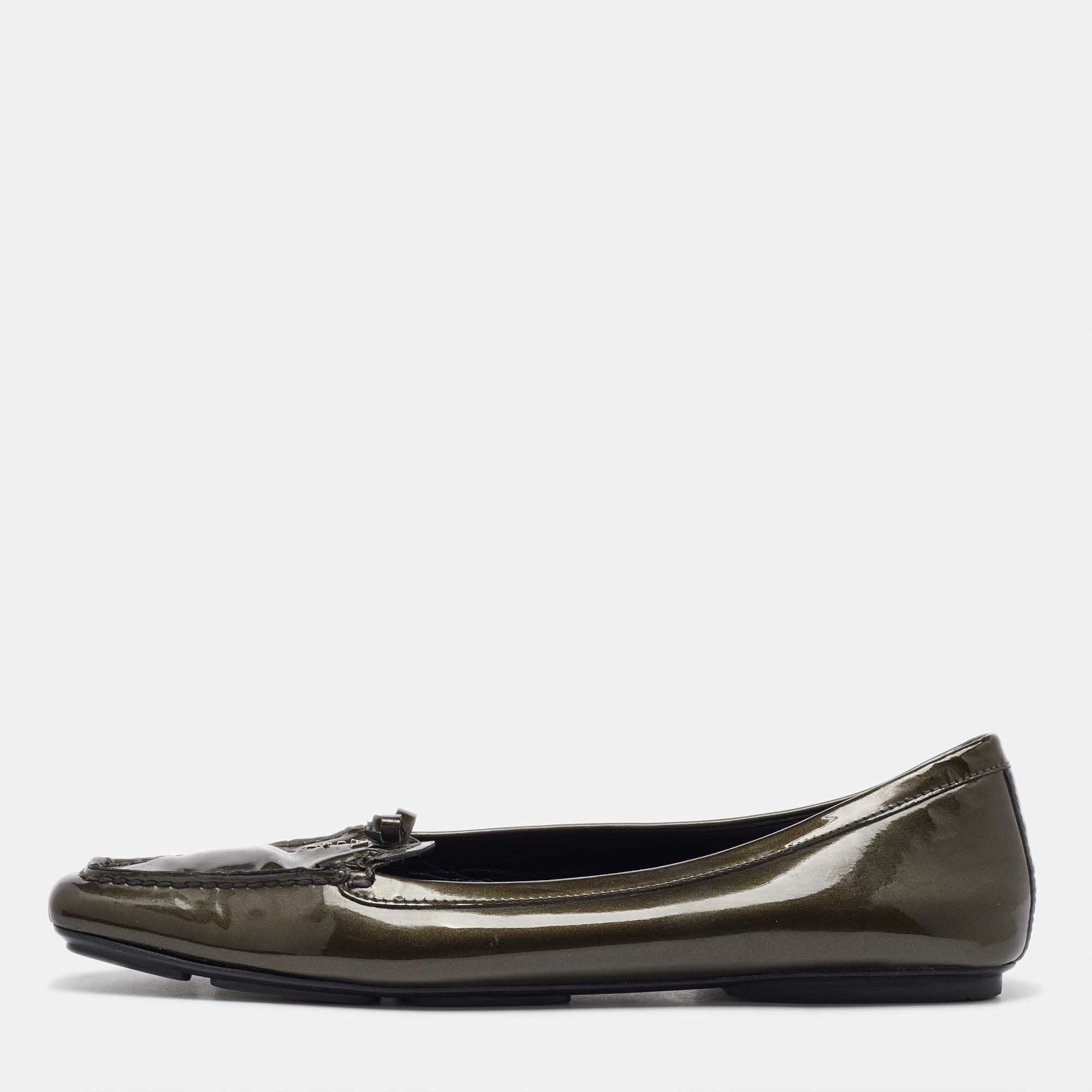 Prada Olive Green Patent Leather Penny Loafers Size 40