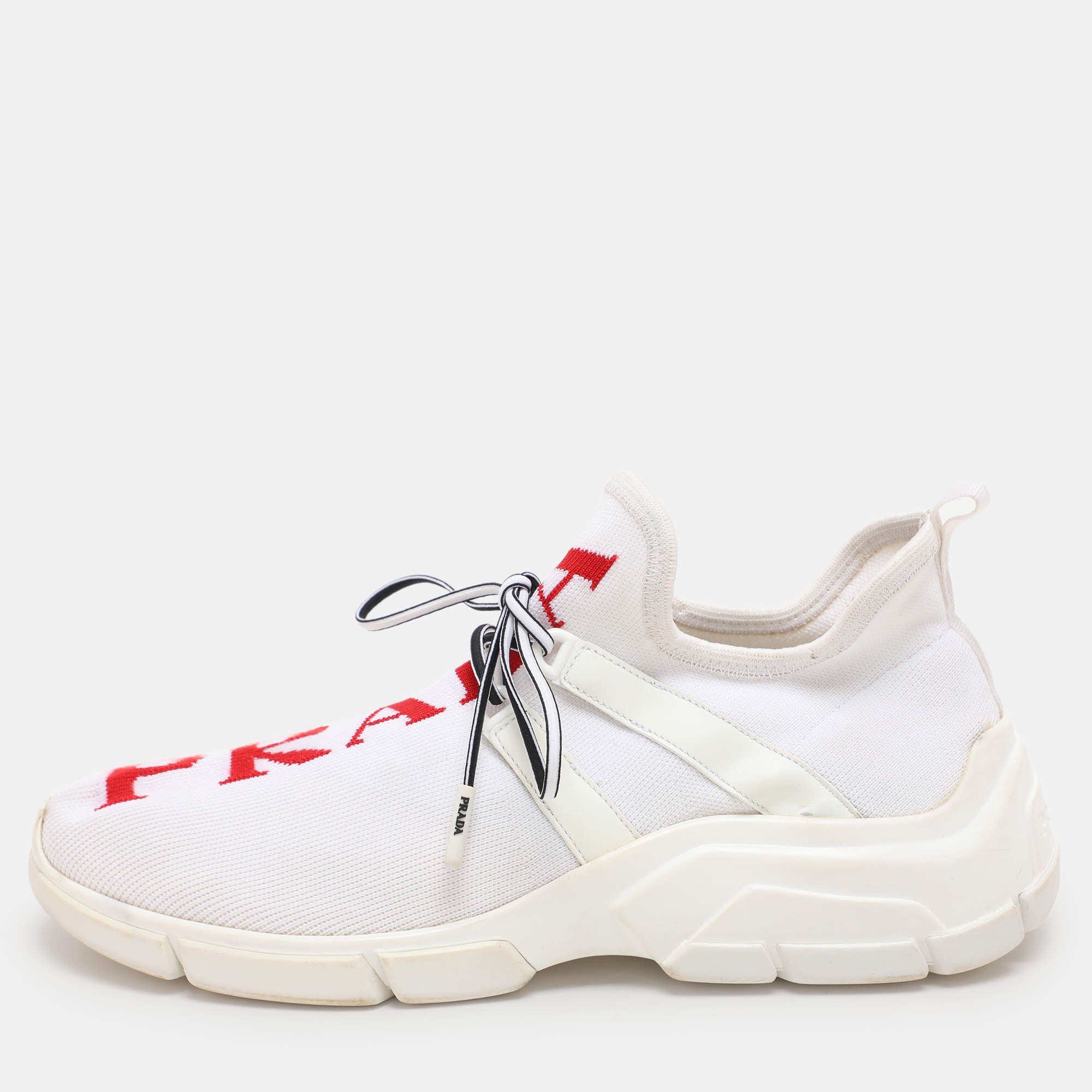 Prada White/Red Knit Fabric Low Top Sneakers Size 38