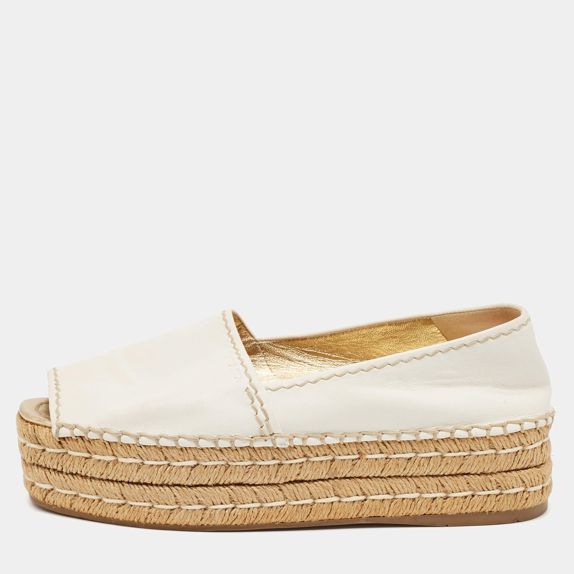 Prada White Leather Peep Toe Platform Espadrille Flats Size 38