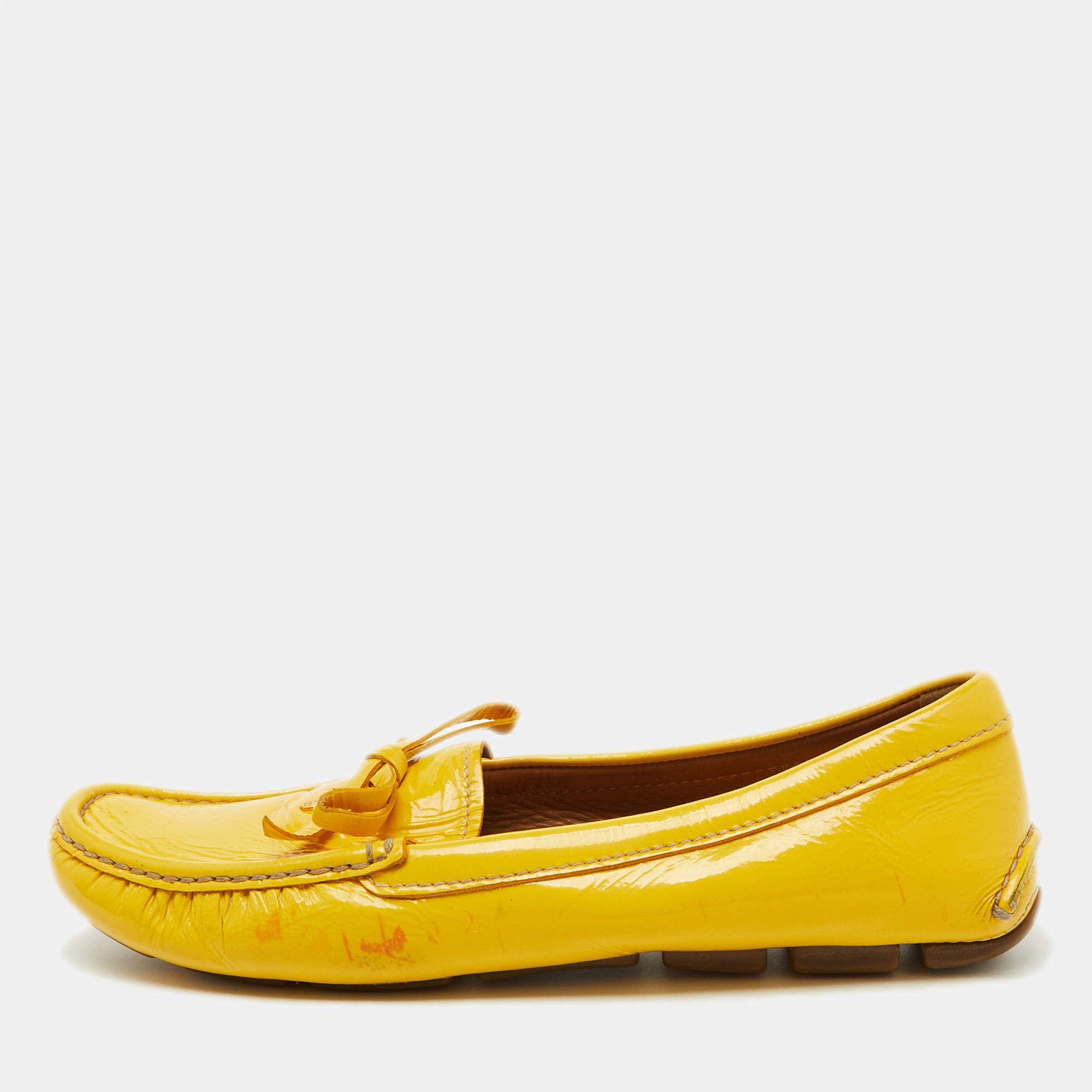 Prada Mustard Yellow Patent Leather Bow Slip On Loafers Size 37.5