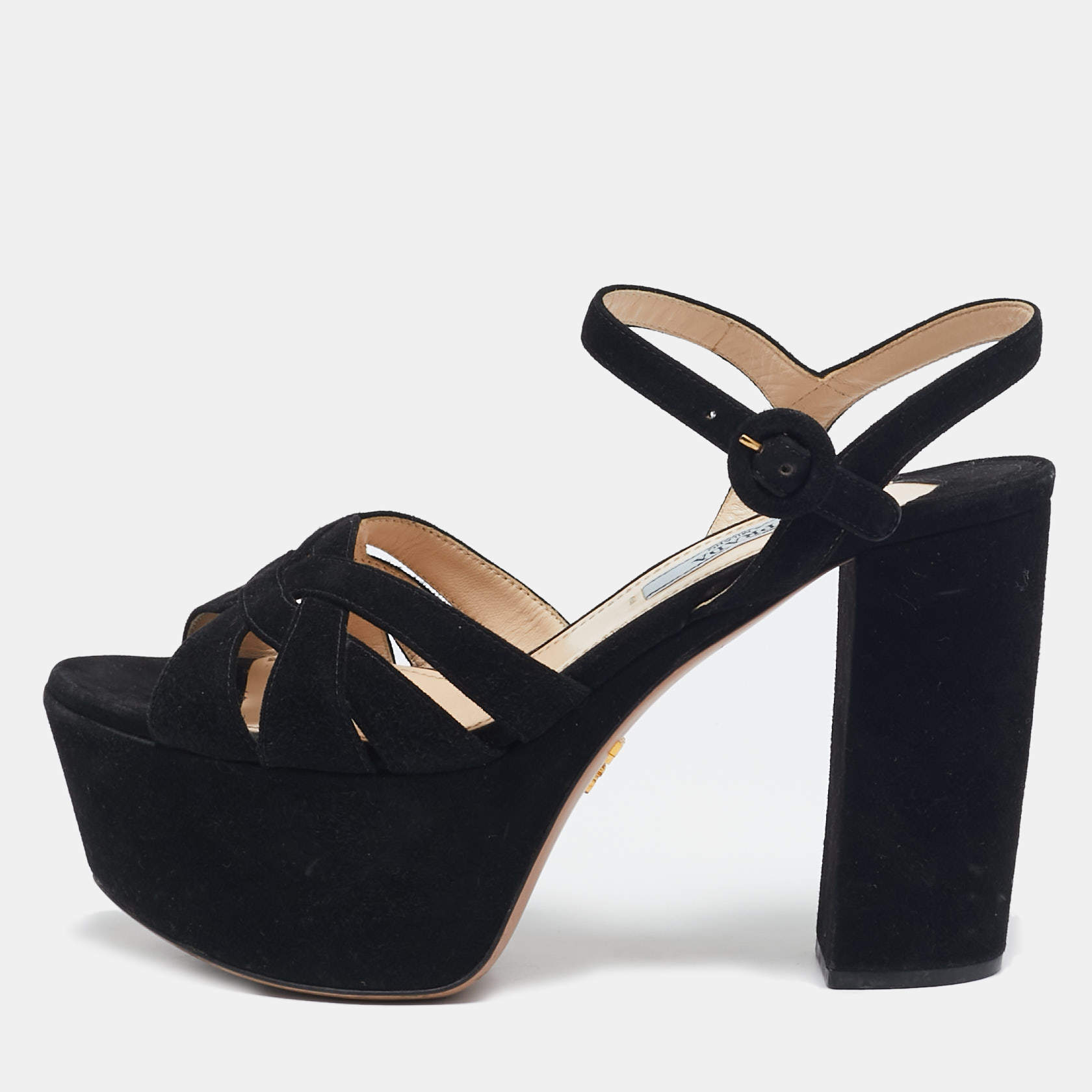 Prada Black Suede Ankle Strap Platform Sandals Size 36.5