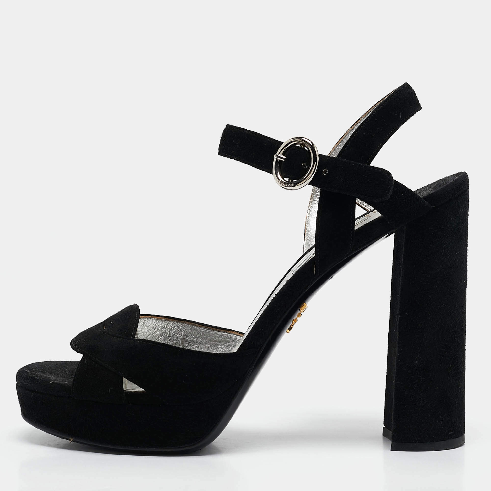 Prada Black Suede Ankle Strap Platform Block Heel Sandals Size 37.5