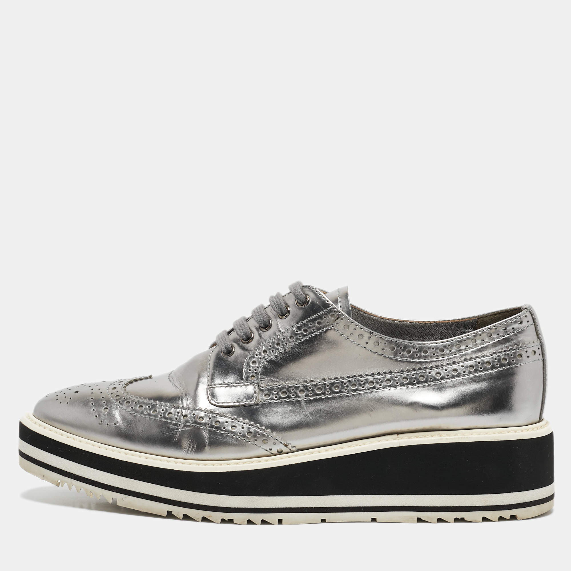 Prada Silver Leather Brogues Oxford Sneakers Size 39