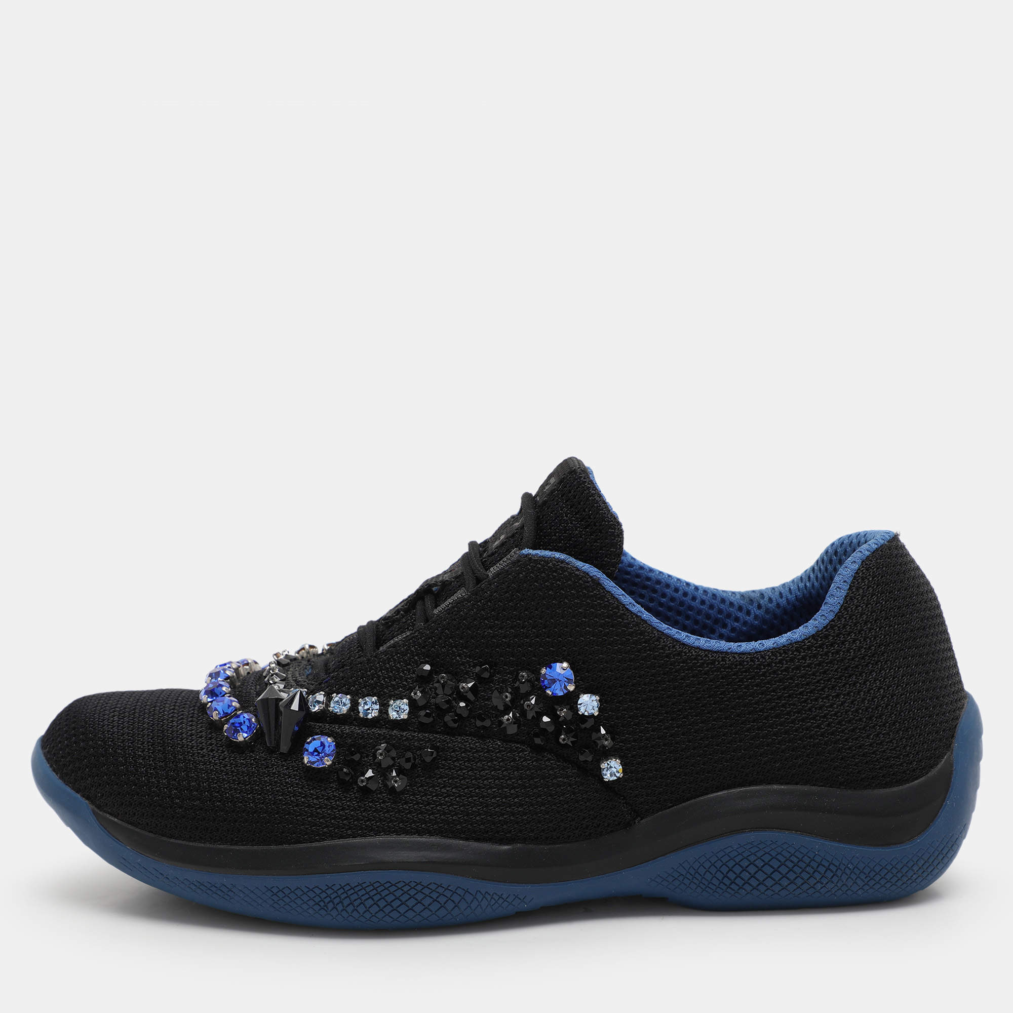 Prada Black Mesh Crystal Embellished Slip On Sneakers Size Prada Black Mesh Crystal Embellished Slip On Sneakers Size