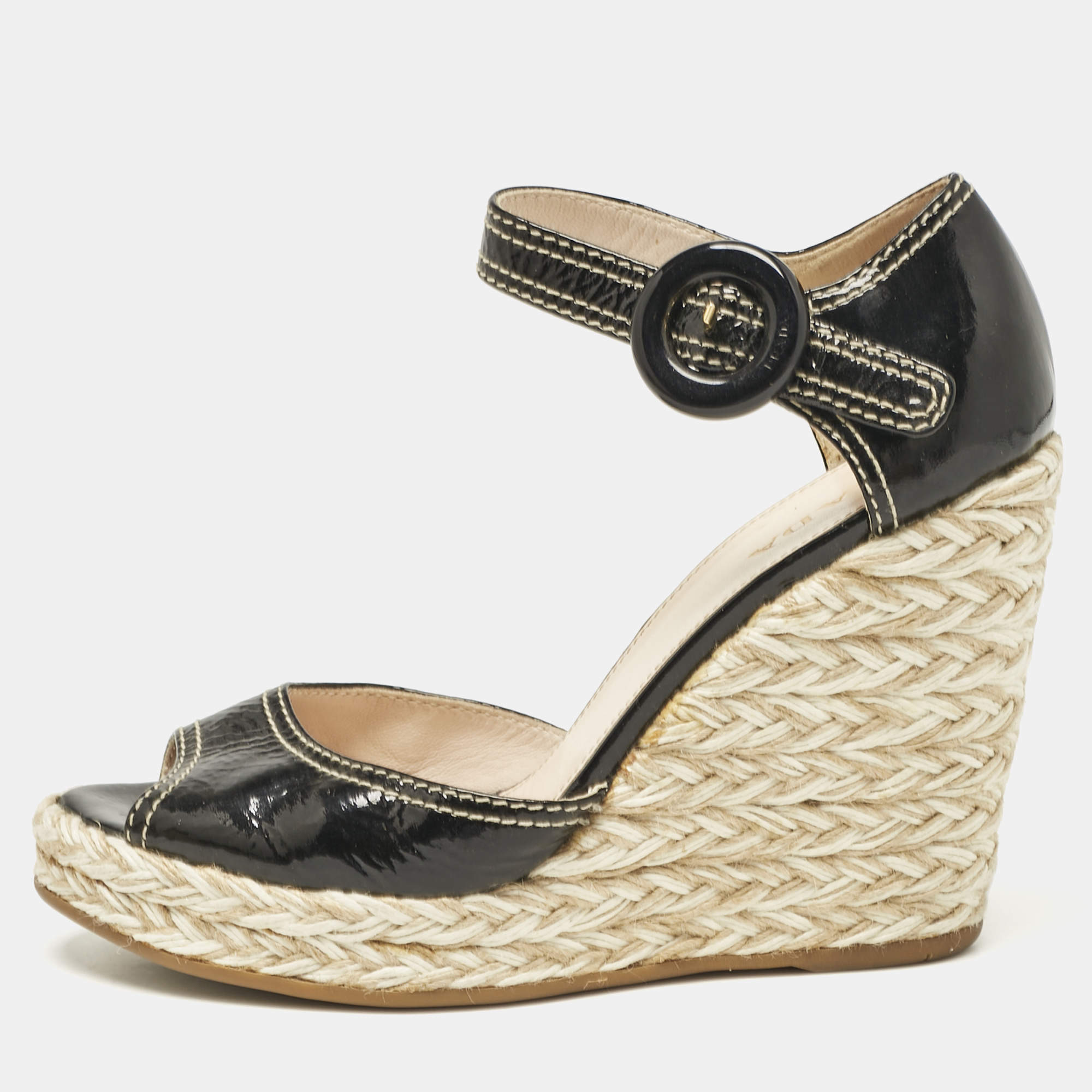 Prada Black Patent Leather Wedge Ankle Strap Sandals Size 38.5