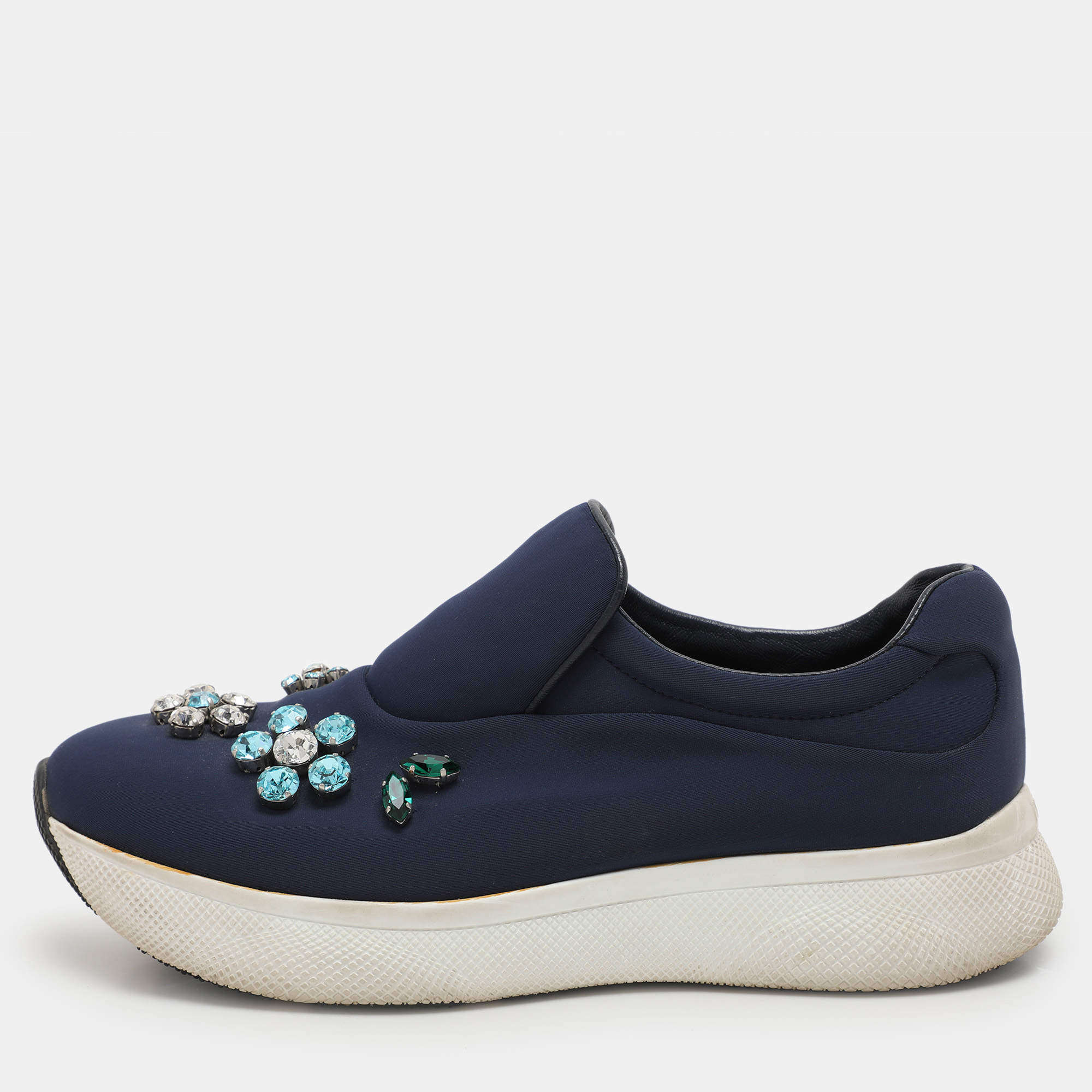 Prada Blue Nylon Catch Me If You Can Crystal Embellished Slip On Sneakers Size 35.5