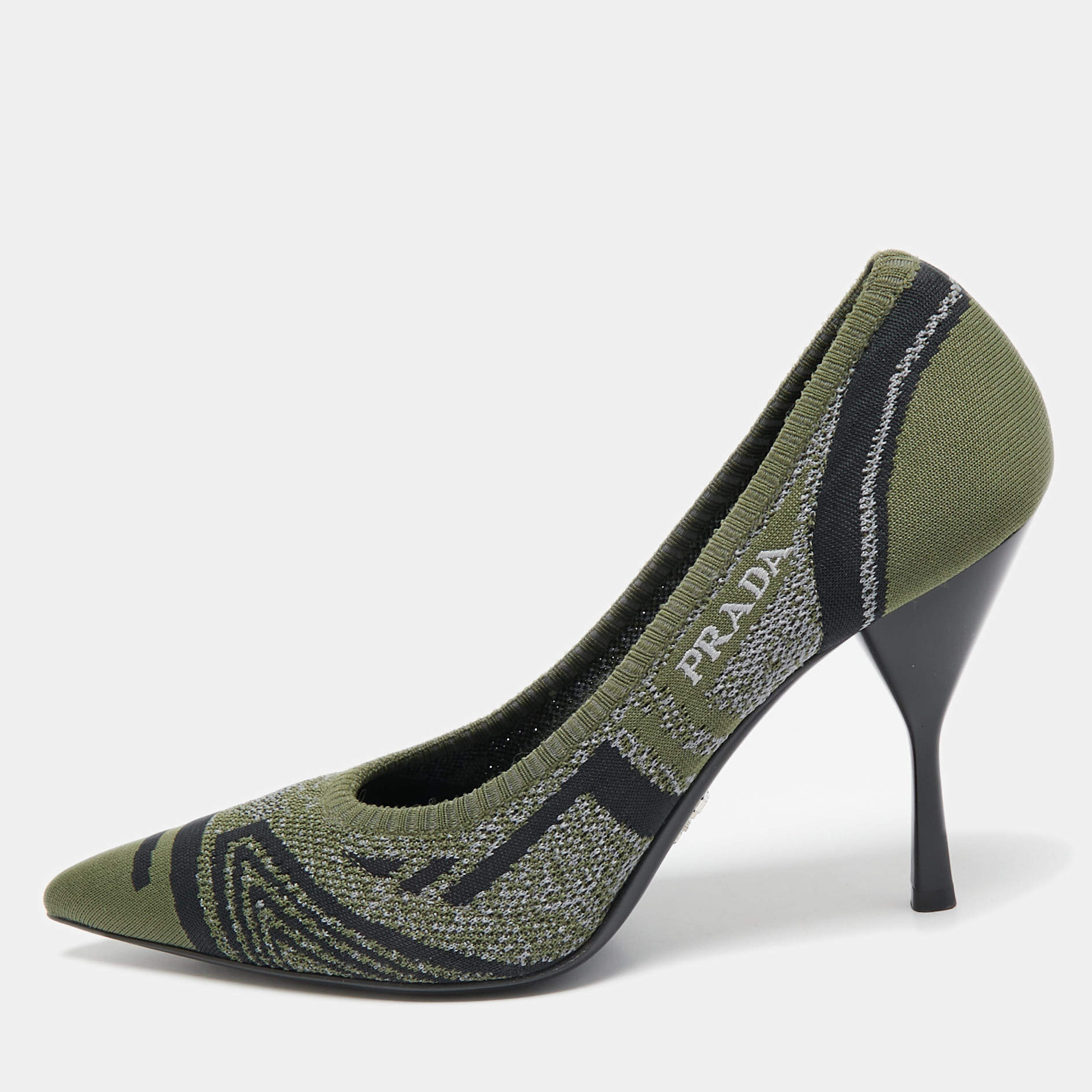 Prada Green Printed Knit Fabric Pointed Toe Pumps Size 40.5