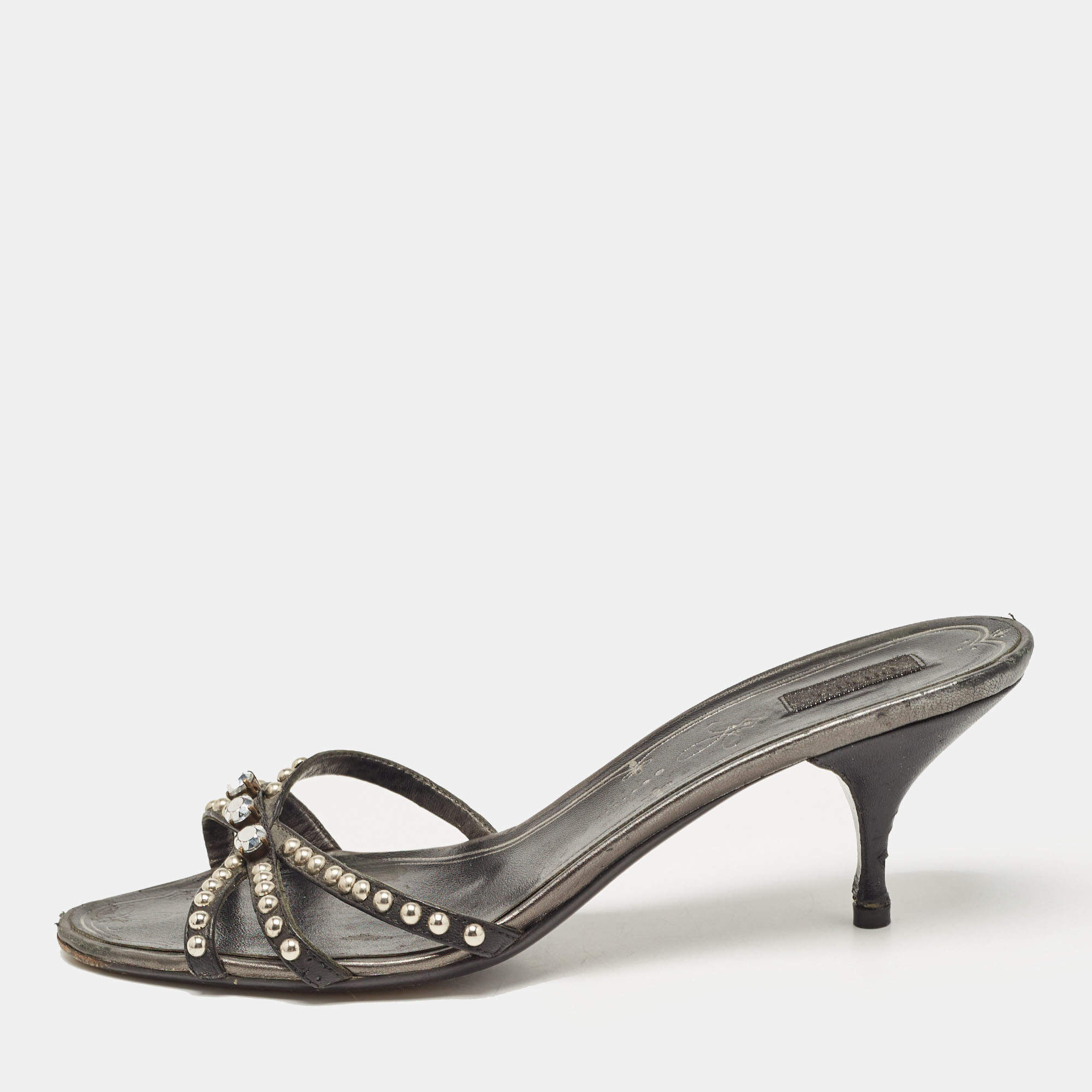 Prada Metallic Leather Crystal Embellished Slide Sandals Size 39.5
