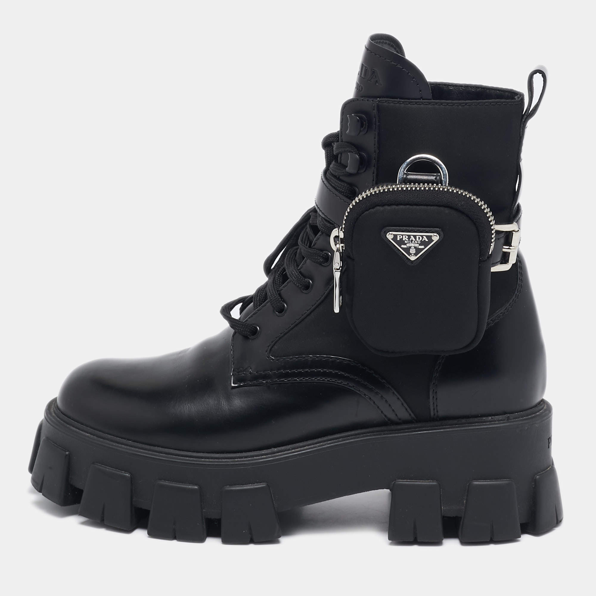 Prada Black Leather and Nylon Monolith Ankle Boots Size 38.5