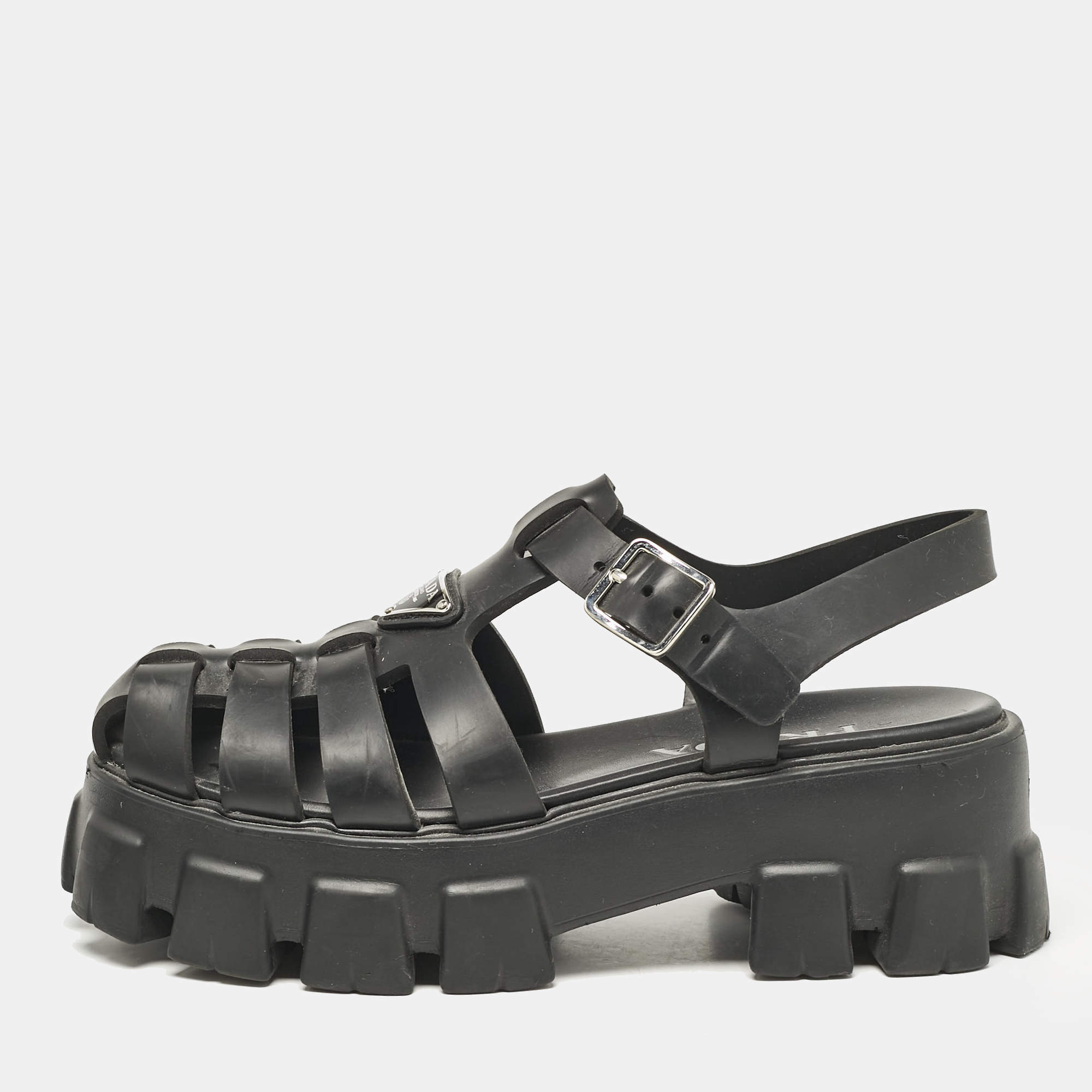Prada Black Rubber Monolith Ankle Strap Sandals Size 39